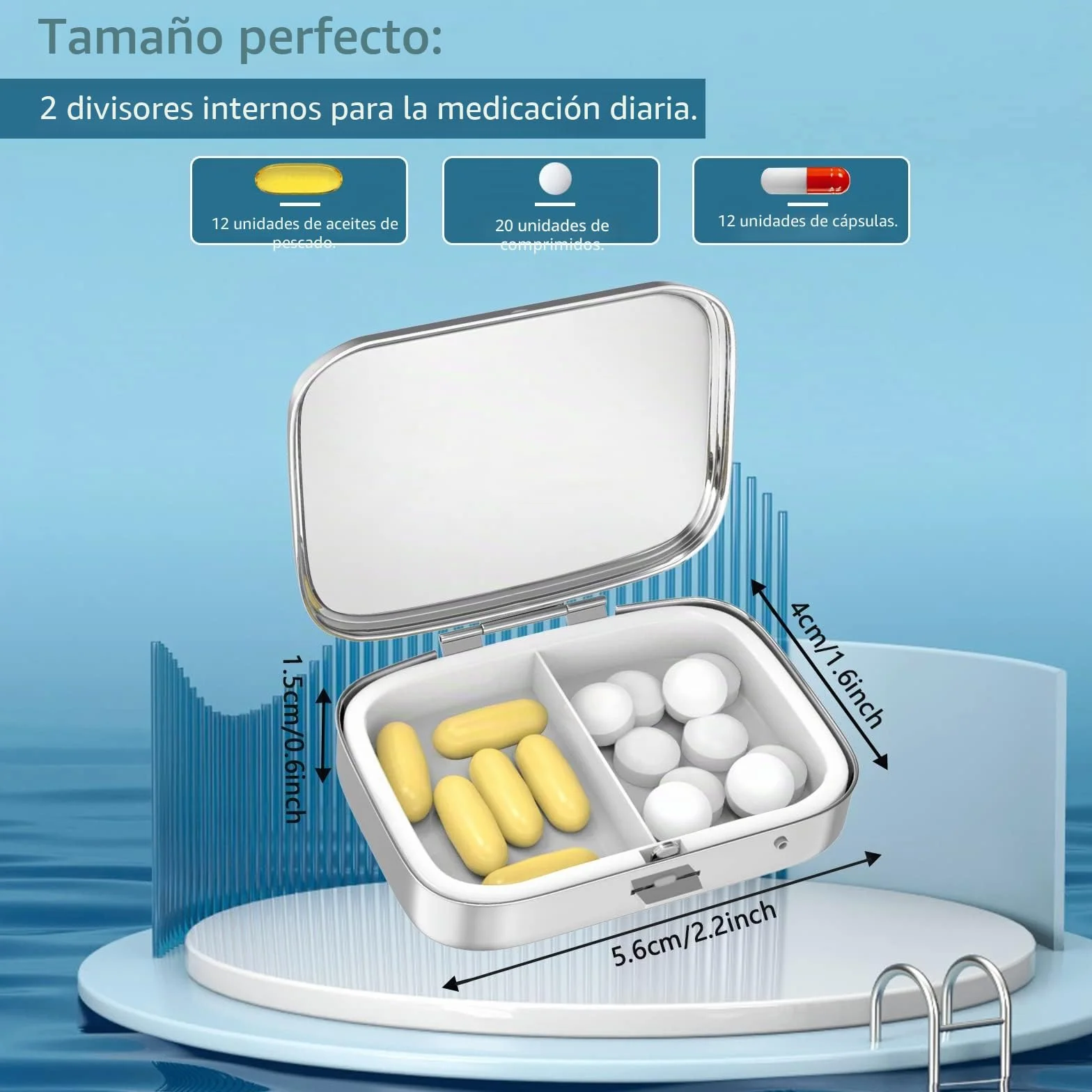 Pastillero de metal 2 compartimentos portátil para medicinas organizador de vitaminas