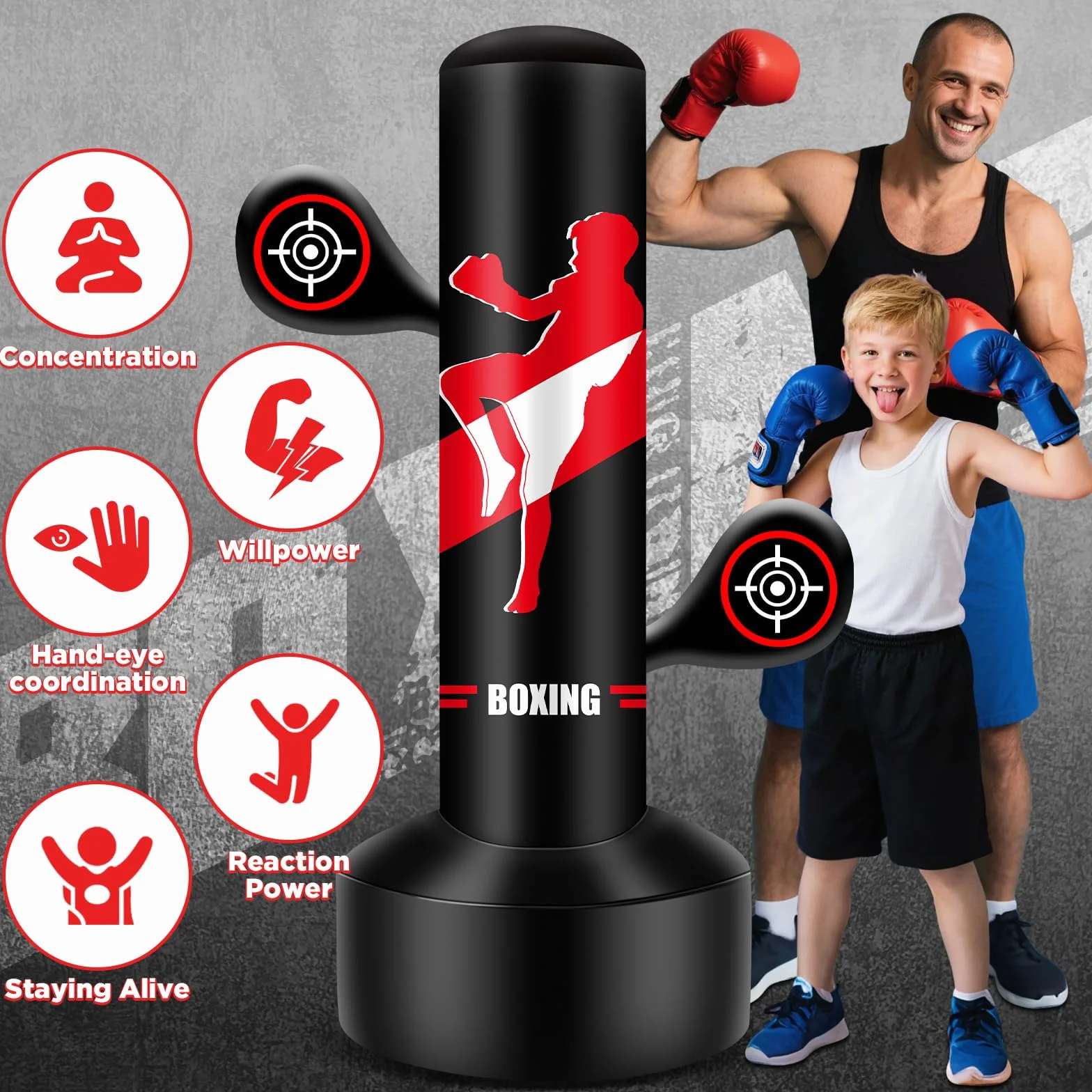 Saco Boxeo niños, Set de Boxeo con Bomba y Cuerda para Saltar Saco de Boxeo Hinchable Grande de 165cm, Regalos para niños y niñas de 3 a 12 años para Practicar kárate, Taekwondo