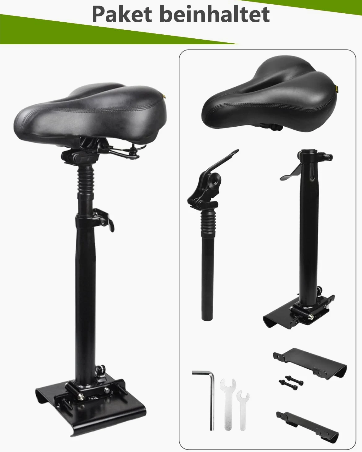 Asiento de scooter eléctrico solo compatible con estribo curvado de 13 – 18 cm de ancho, sillín acolchado, plegable, resistente a los golpes, altura ajustable de 55 – 68 cm, patinete para adultos e