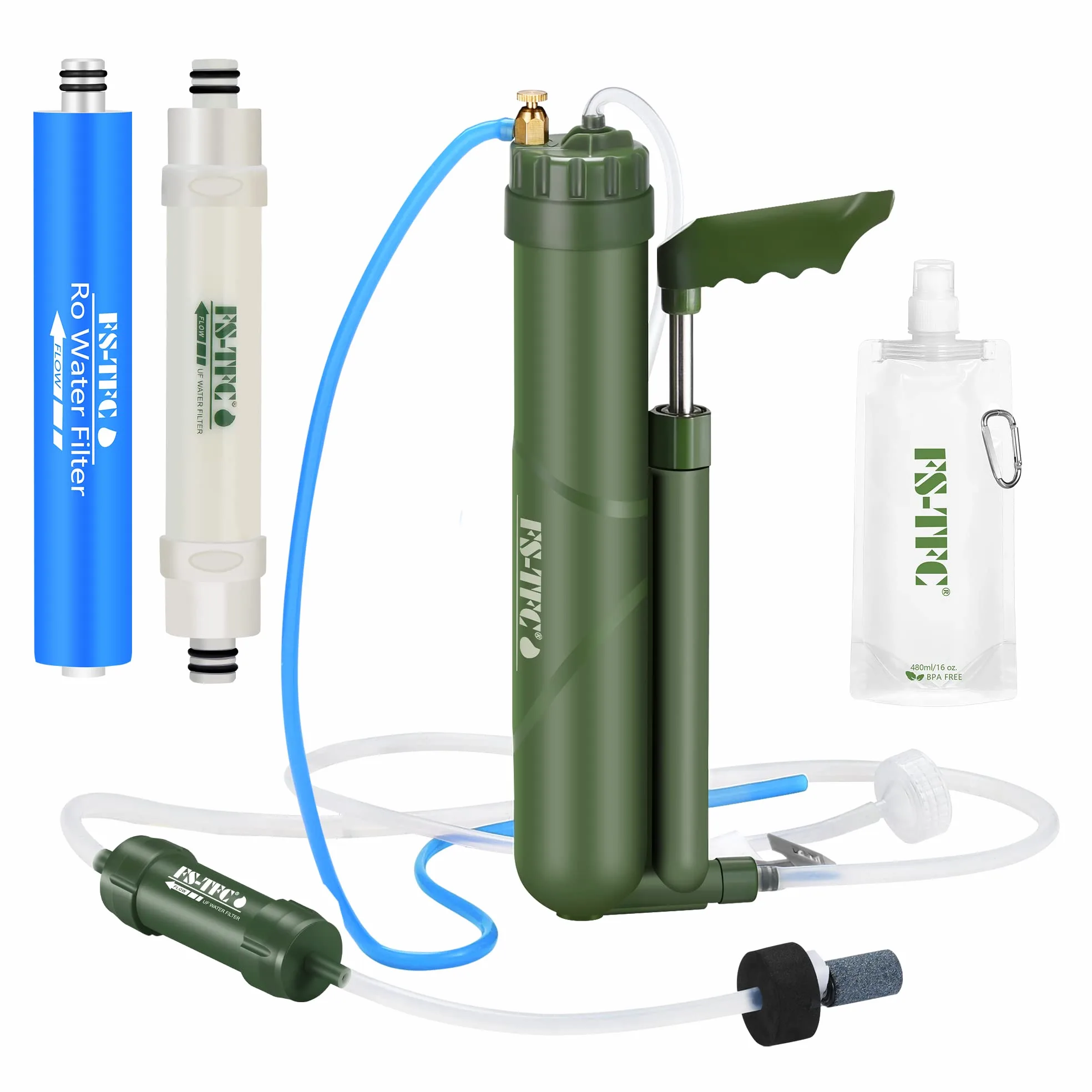 Filtro de agua portátil equipo de supervivencia de alta precisión y gran flujo, opcional, purificación de agua 2 en 1 para senderismo, camping, viajes y preparación para emergencias