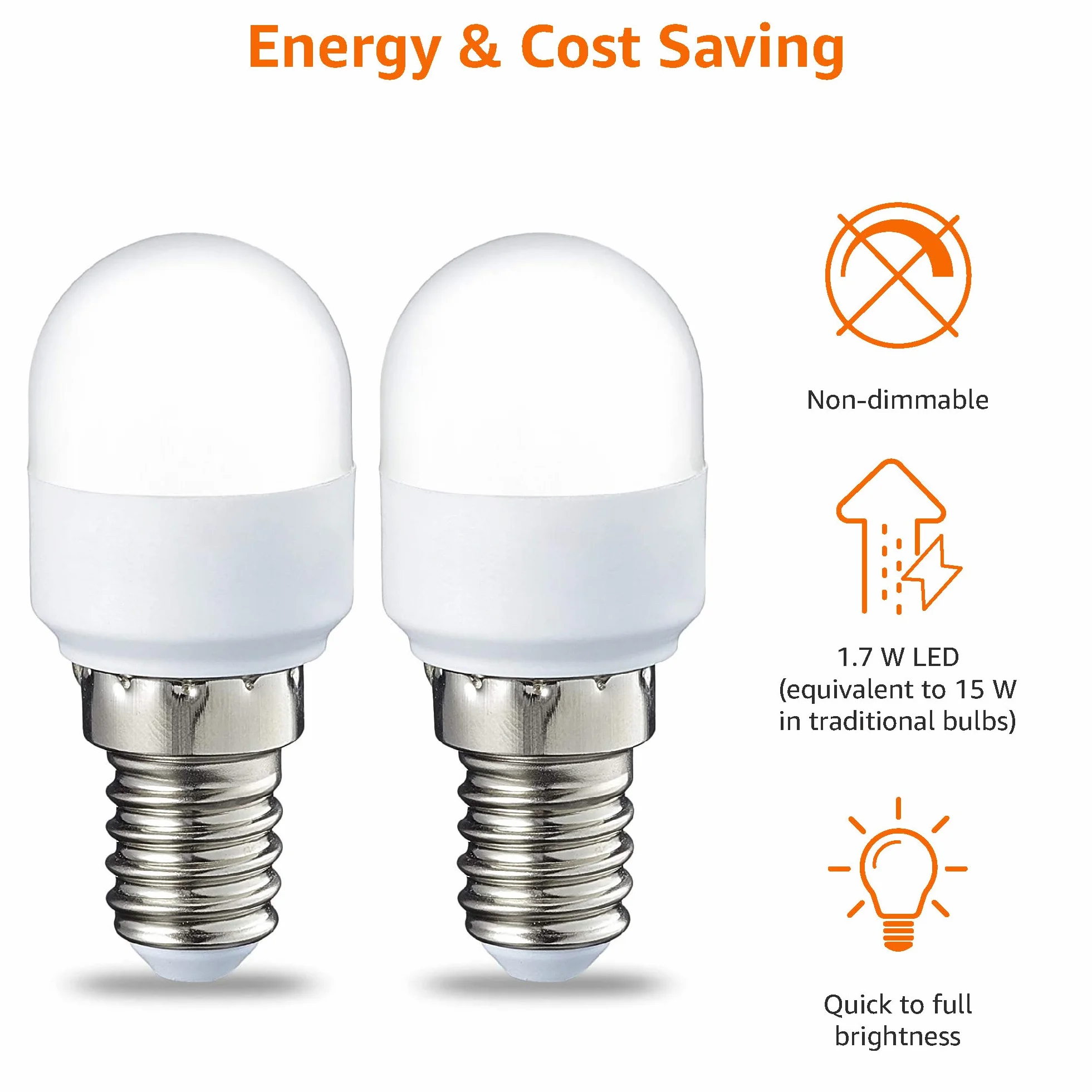 Amazon Basics Bombilla LED E14 T25 Nevera, 1.7W Equivalente 15W, Blanco Cálido, Paquete 2