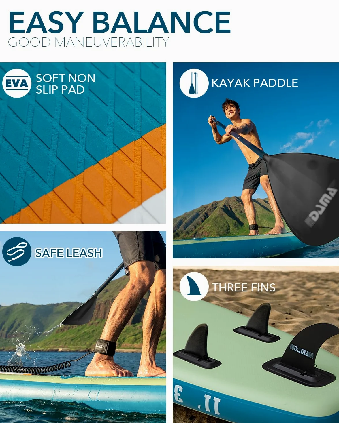 DAMA 12'2''*34''*6''/14'*45"*8" Tabla de remo para pareja y tabla de sup familiar Tabla de remo grande Tabla de remo inflable ancha Tabla de pesca de gran tamaño para muchas personas con 2 pares 4 piezas Kayak Paddle