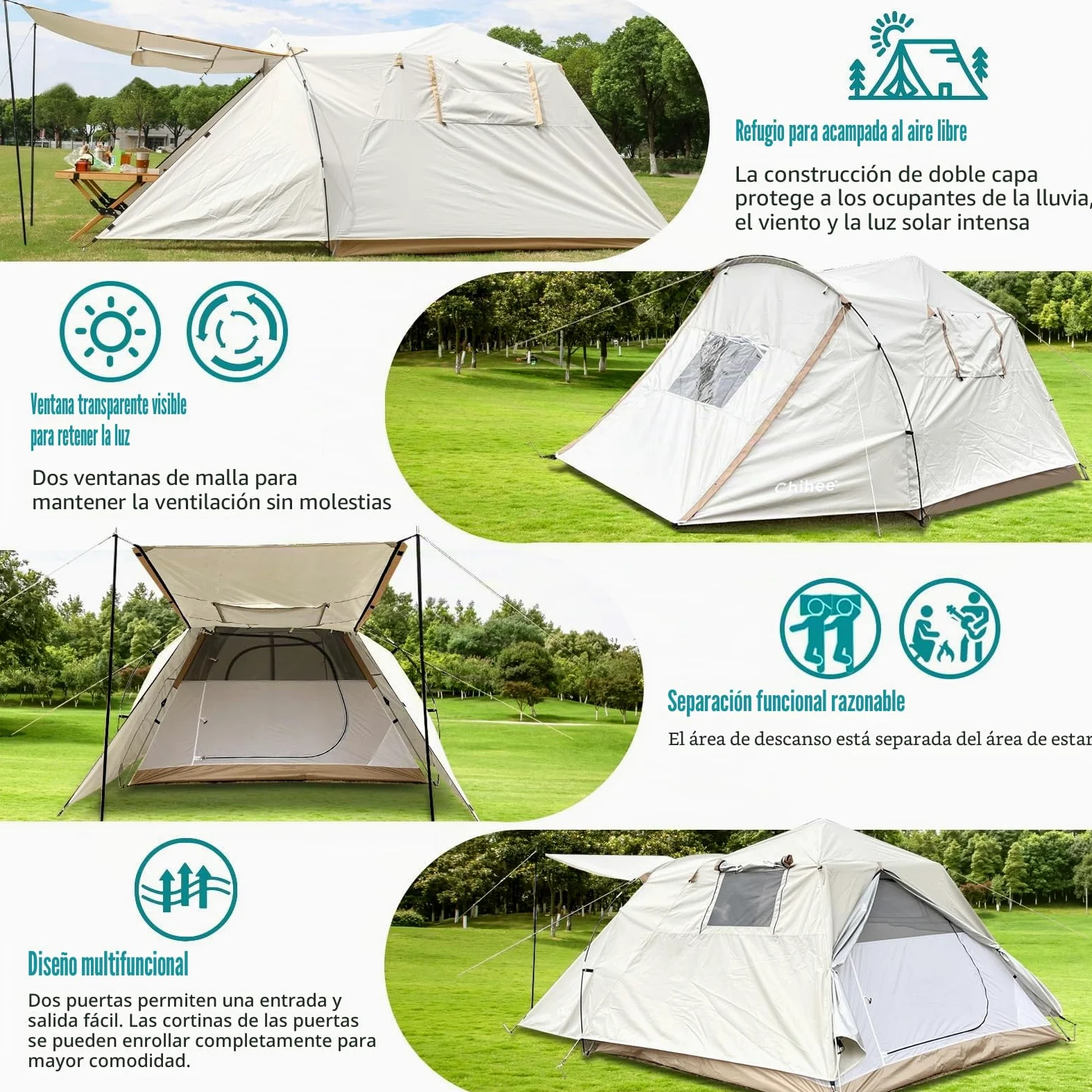 Chihee Tiendas de Camping Carpa Pop-Up Portátil,Carpa Familiar 2 Puertas Montaje Instantáneo Tienda Grande Resistente a la Intemperie Tienda 4 Estaciones con Toldo Incluye Bolsa de Transporte Rainfly