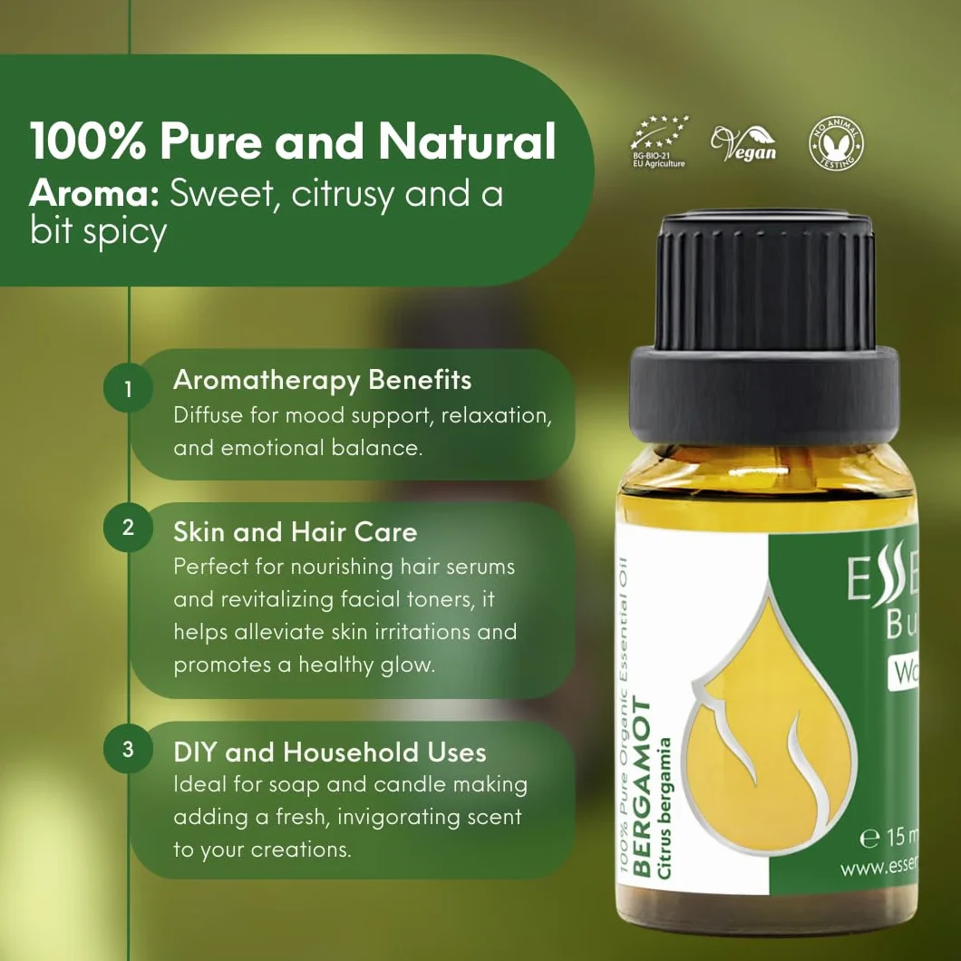 Essences Bulgaria Aceite Esencial de Bergamota Orgánico 15ml 100% Puro Grado Terapéutico Aromaterapia