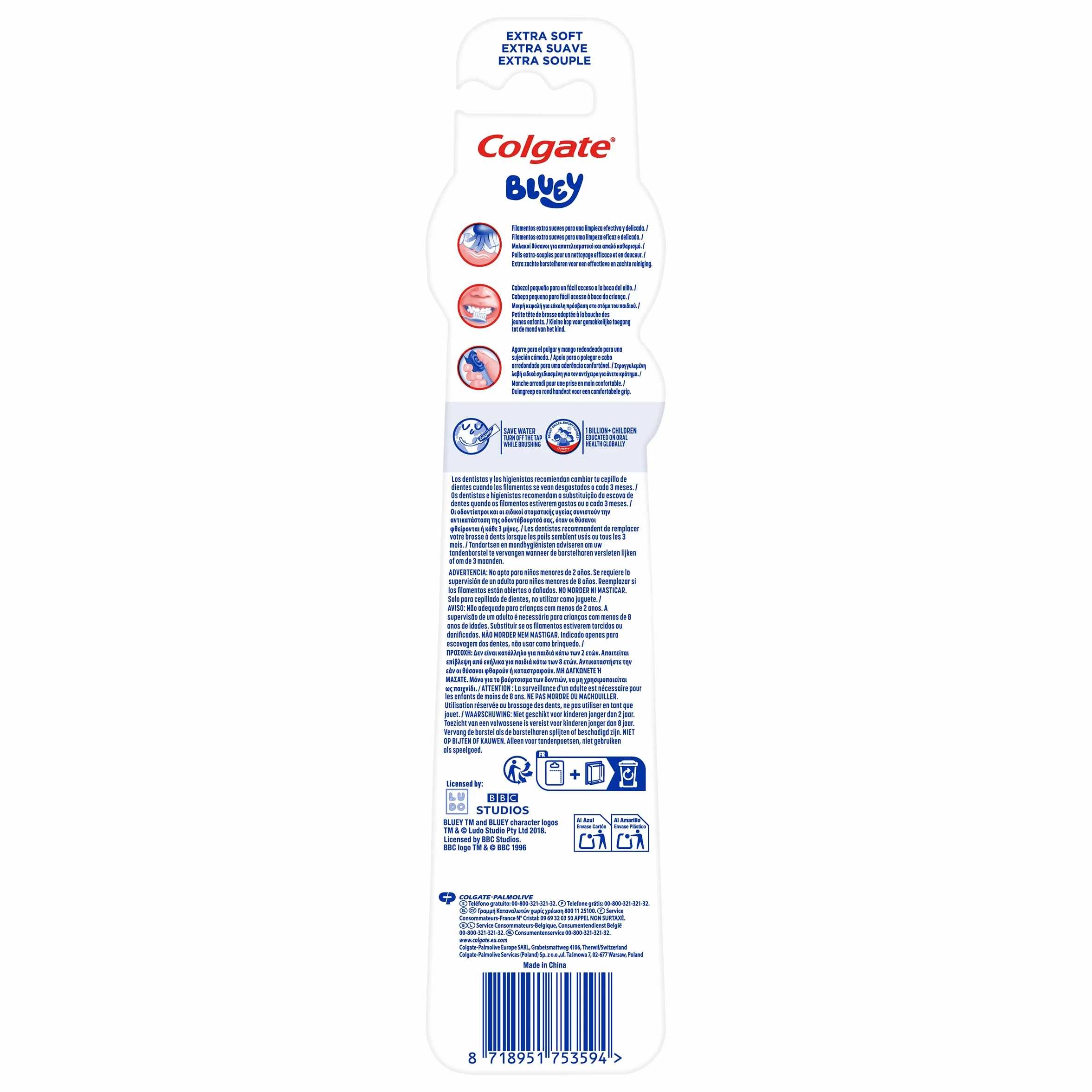 Colgate Cepillos de dientes Kids Bluey 2-5 años Pack 12 x 2, cabezal pequeño, filamentos extra suaves