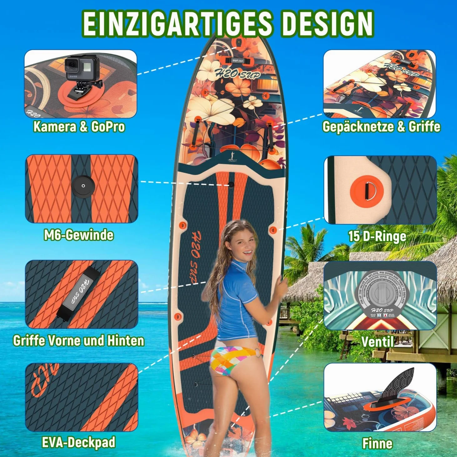 Tablas de remo inflables, extra anchas para principiantes, tabla de surf de pie súper estable con accesorios de primera calidad, 15 anillos en D, 5 asas, soporte de cámara, jóvenes y adultos