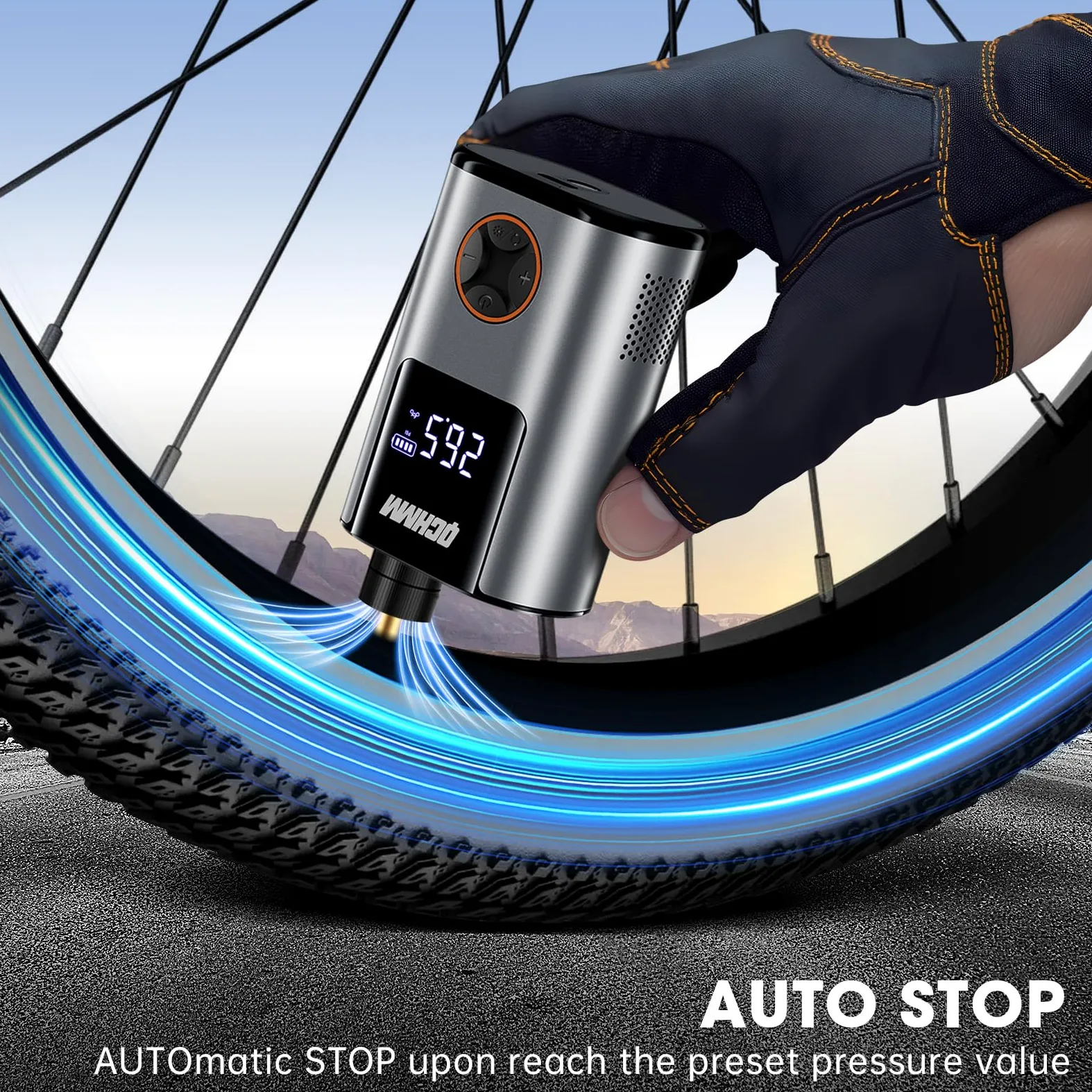 Bomba de bicicleta eléctrica, mini bomba de aire eléctrica para bicicleta, bomba de aire con manómetro para válvulas Schrader y Presta, bomba de aire de batería de 120 psi, unidades PSI/bar, apagado