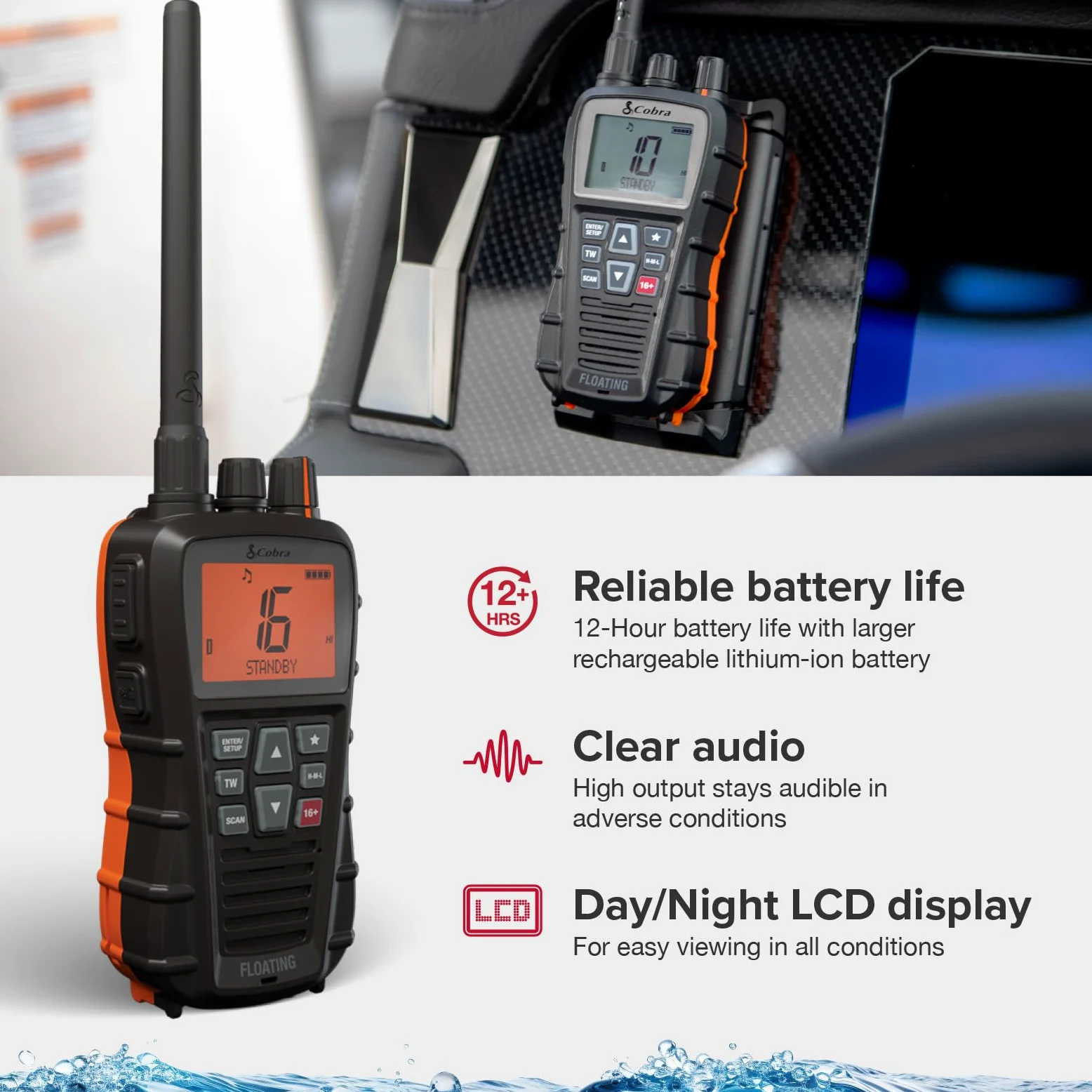 Cobra BlueBound 350 Radio Marina VHF Flotante de Mano - 6 W, Float n' Flash, IPX7 Impermeable, Sumergible, Pantalla LCD día/Noche, escaneo de Memoria, Tri-Watch, Negro