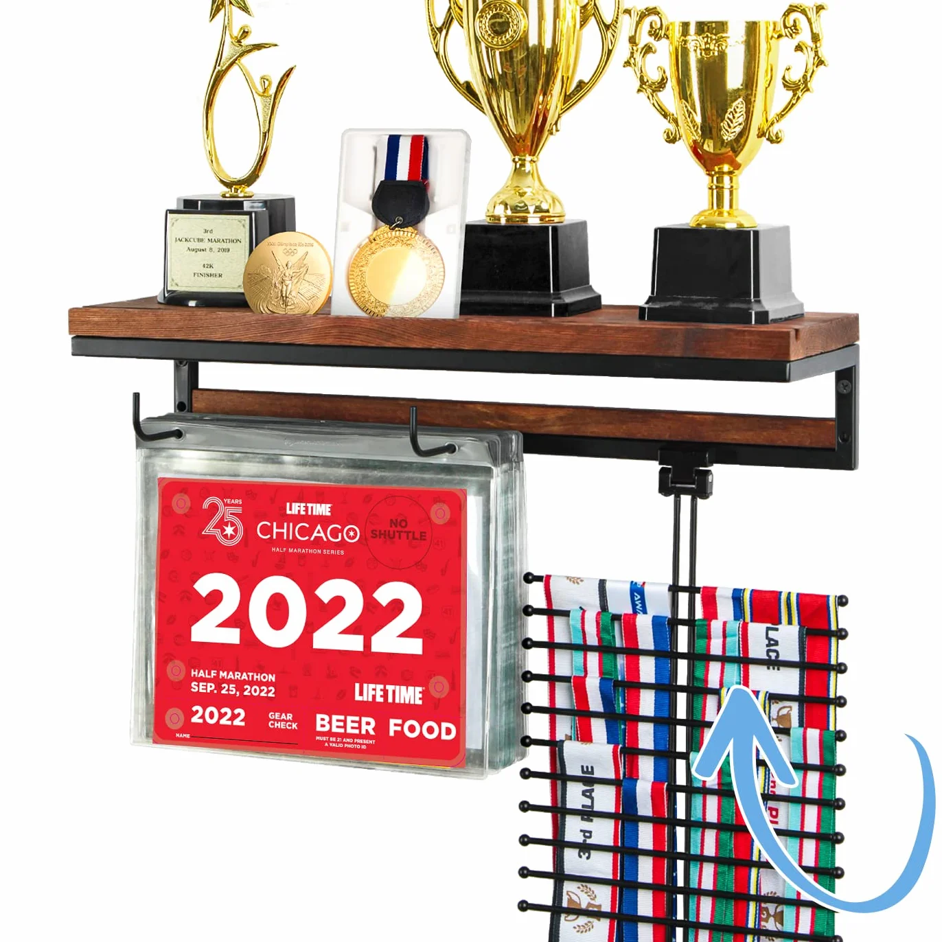 Colgador de pared para medallas de maratón con soporte de baberos, estante de trofeos y ganchos, 50 bolsas abatibles - MK817A