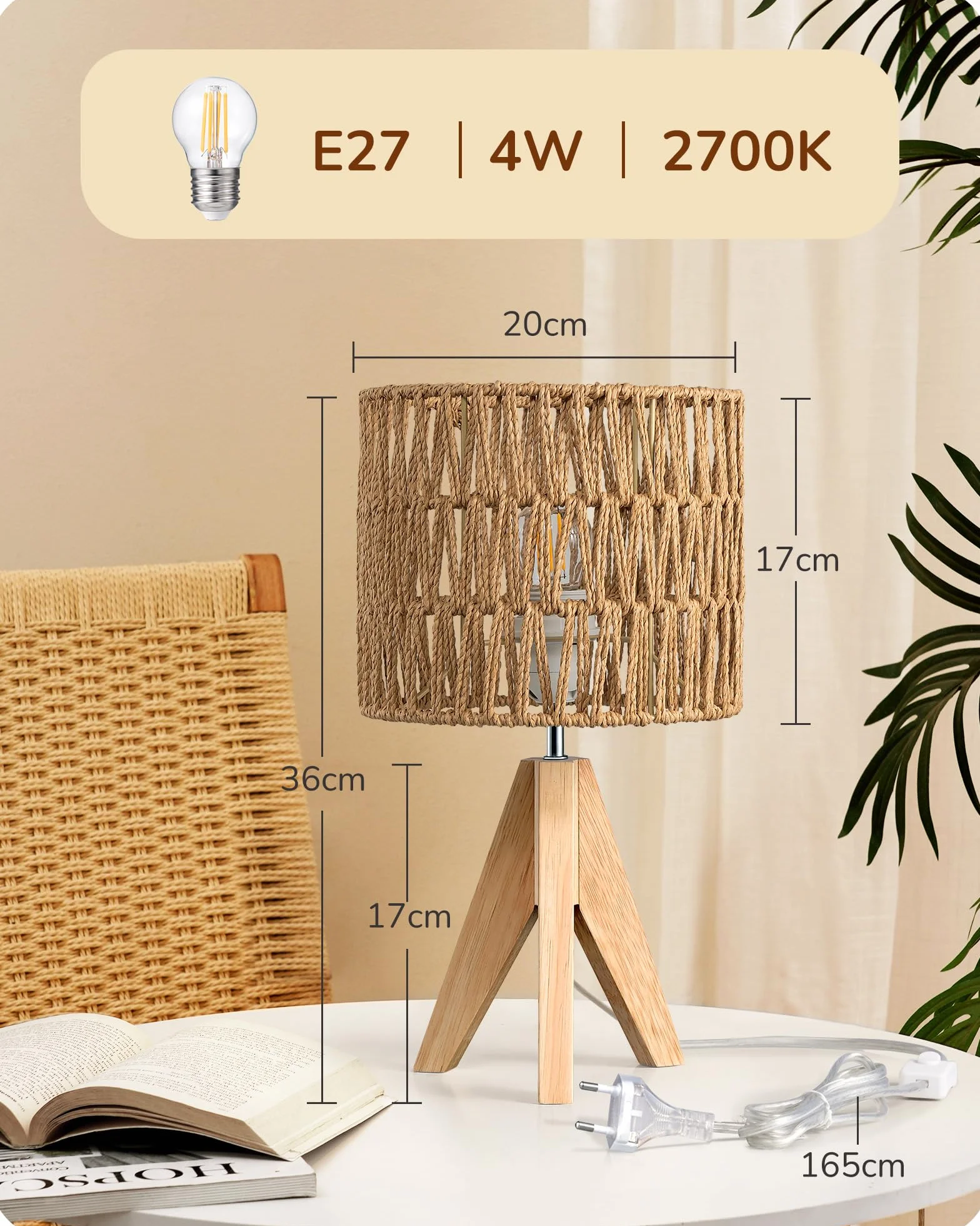 EDISHINE Lámpara de Mesa Pantalla de Lino Blanco Base de Madera Natural E27 Bombilla LED 2700K Incluida