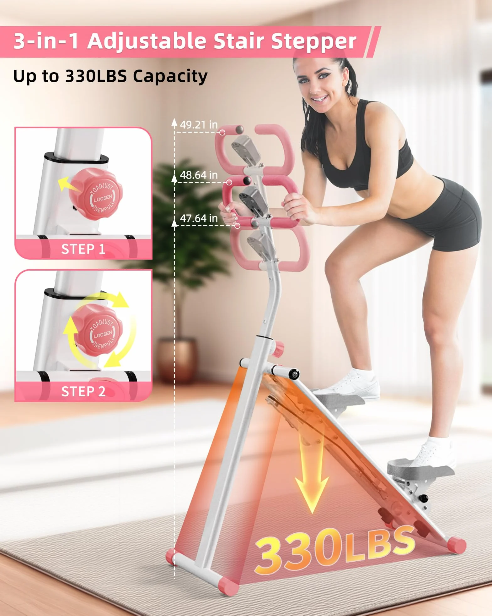 Stepper, Máquina de Step para Casa, Escaladora Vertical con Manillar para Entrenamiento de Cuerpo Completo, Máquina de Subir Escaleras con Estructura Estable y 3 Alturas Ajustables