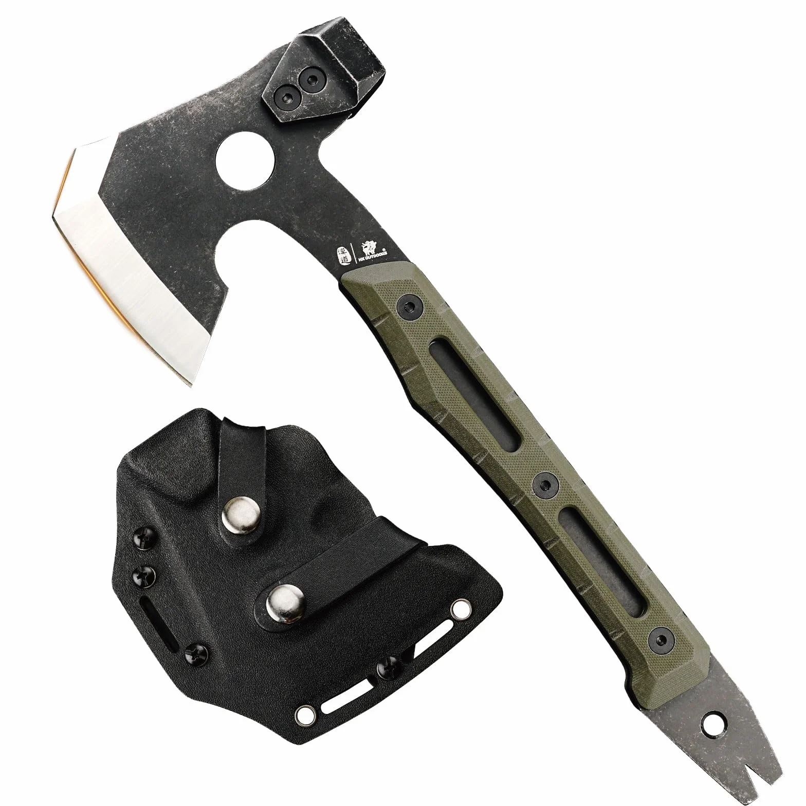 HX OUTDOORS Hacha de Partido Multifuncional, Hacha Táctica de Supervivencia y Campismo de Tanga Completa，Hachas de Mano para Campismo y Bushcraft con Martillo y Sacacorchos (Verde Militar)