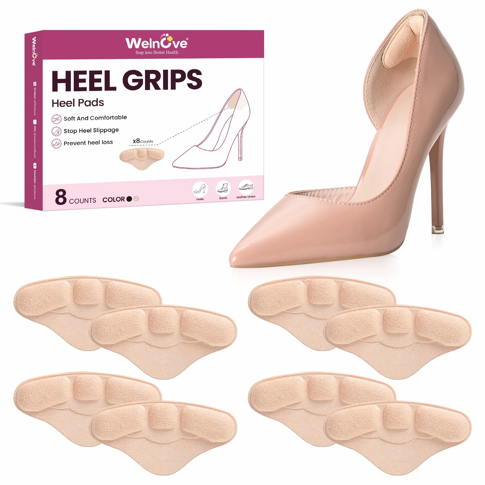 Welnove Protectores de Talón - 4 Pares Plantillas Antirozaduras Beige