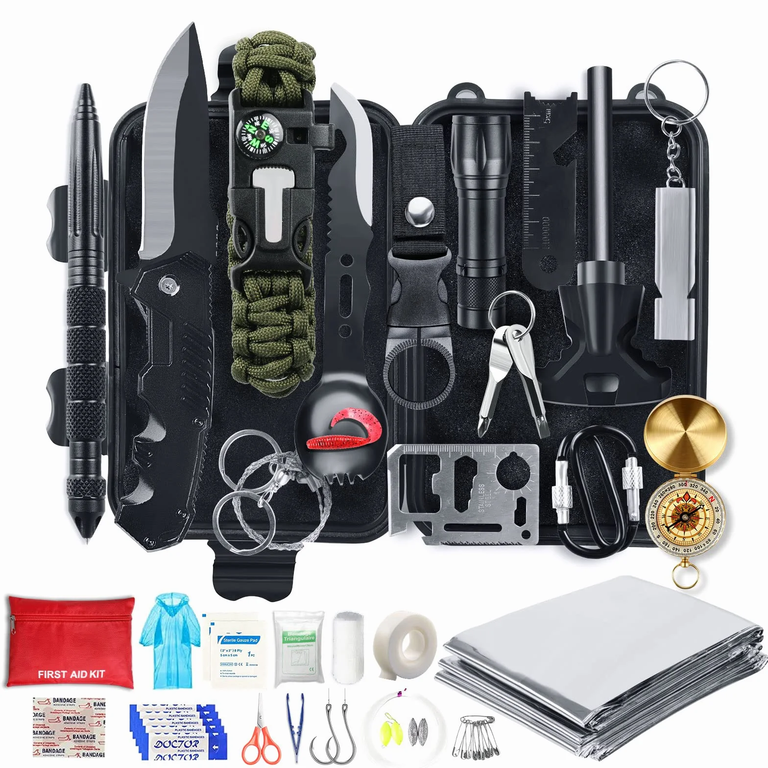 Kit de Supervivencia LC-dolida 54 en 1, Kit de Supervivencia de Emergencia al Aire Libre con Cuchillo/Linterna táctica para Acampar/bushcraft/Senderismo/Caza/Aventuras al Aire Libre