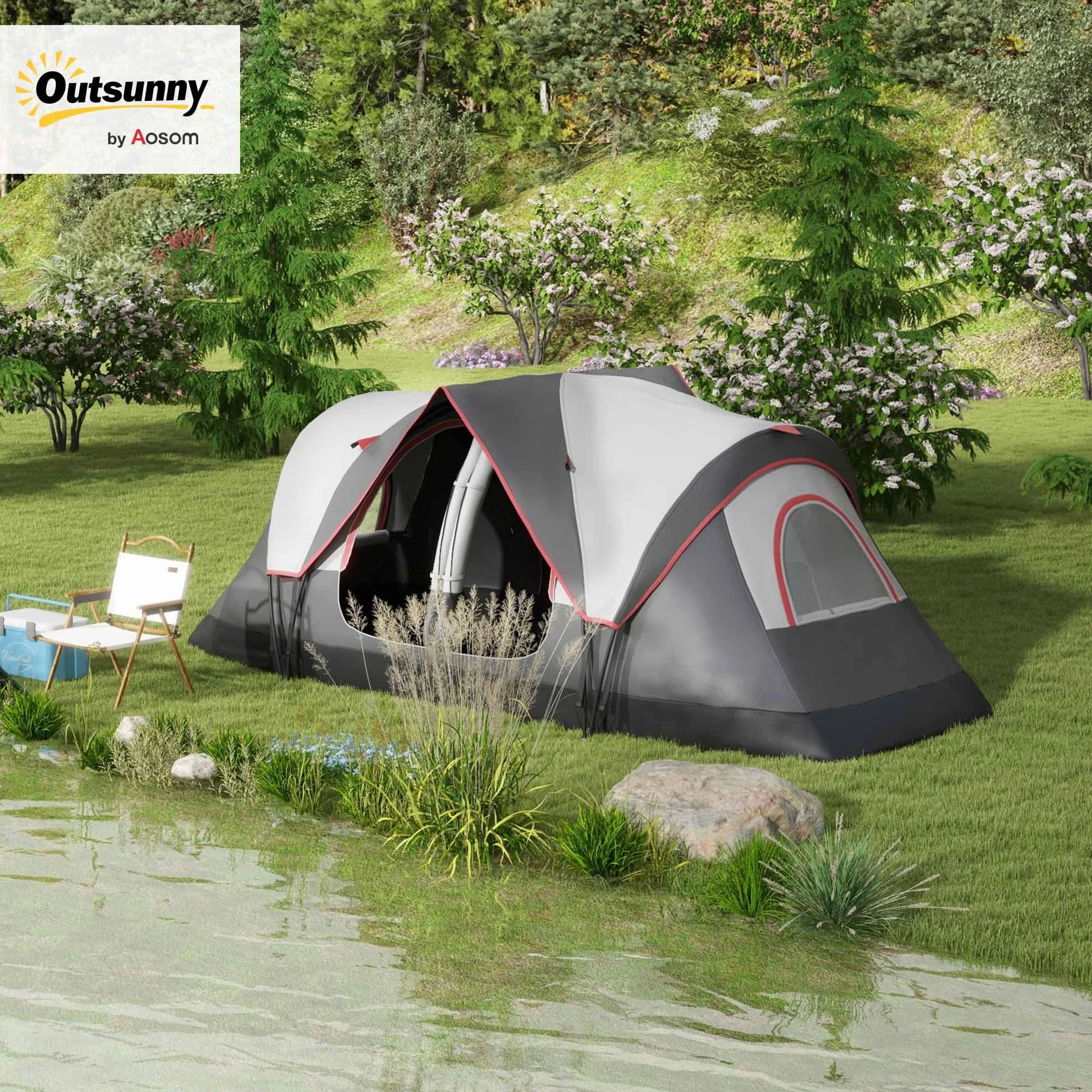 Outsunny Tienda de Campaña Familiar para 6-8 Personas Tienda de Camping Plegable con 2 Habitaciones y Bolsa de Transporte Impermeable para Senderismo 450x215x180 cm