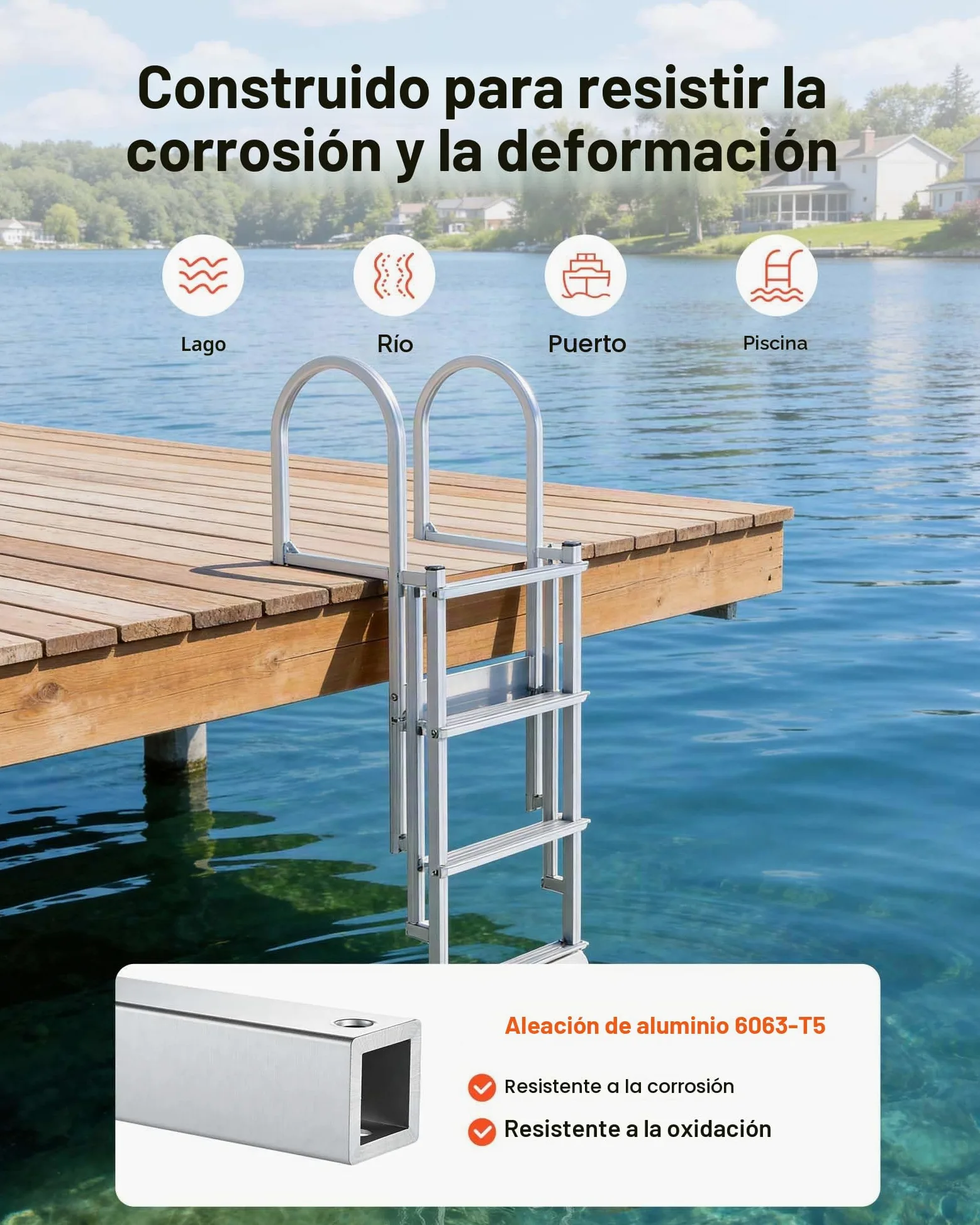 VEVOR Escalera de Muelle Capacidad de 227 kg con 4 Peldaños Antideslizantes, Pasamanos, Escalera Retráctil de Aluminio con Elevación Automática para Pontón Lago Barco Piscina Plataforma de Natación
