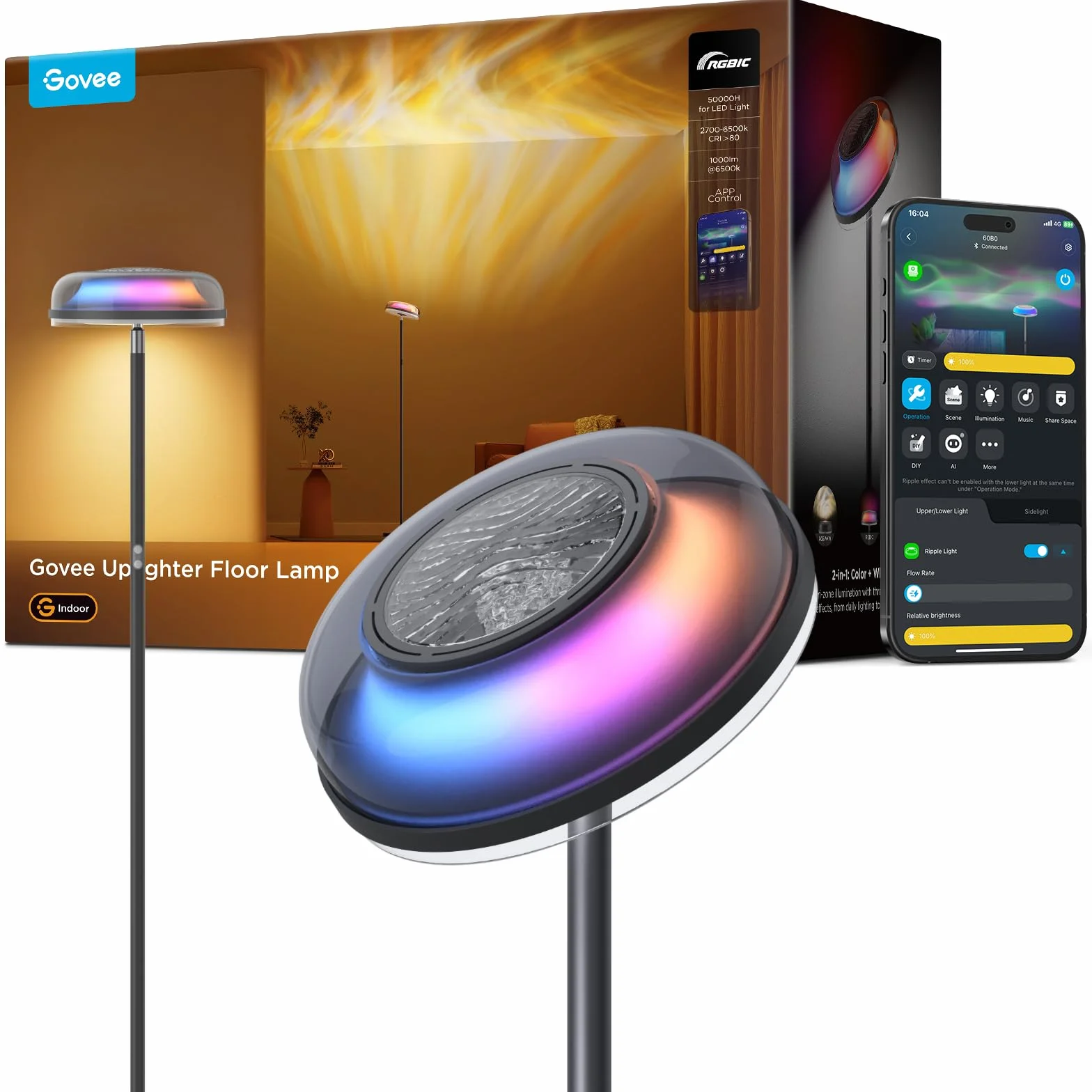 Govee Lámpara de Pie RGBIC 3 Zonas, 1000lm 2700-6500K, Compatible con Matter Alexa, 80+ Modos de Escena