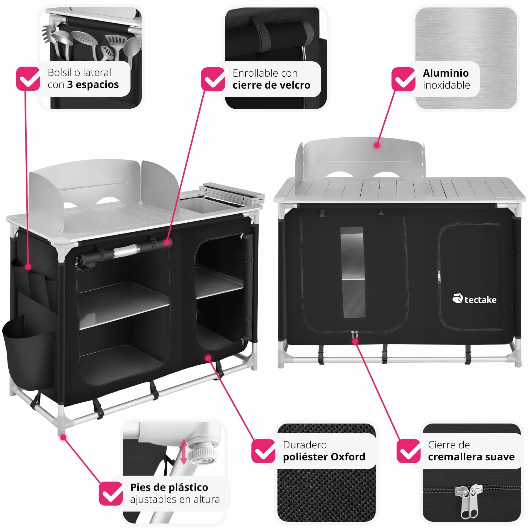 tectake® Cocina de Camping Plegable, Ligera, con Bolsa de Transporte, Accesorios de Cocina, Mesa Plegable Camping, Estructura de Aluminio - Negro