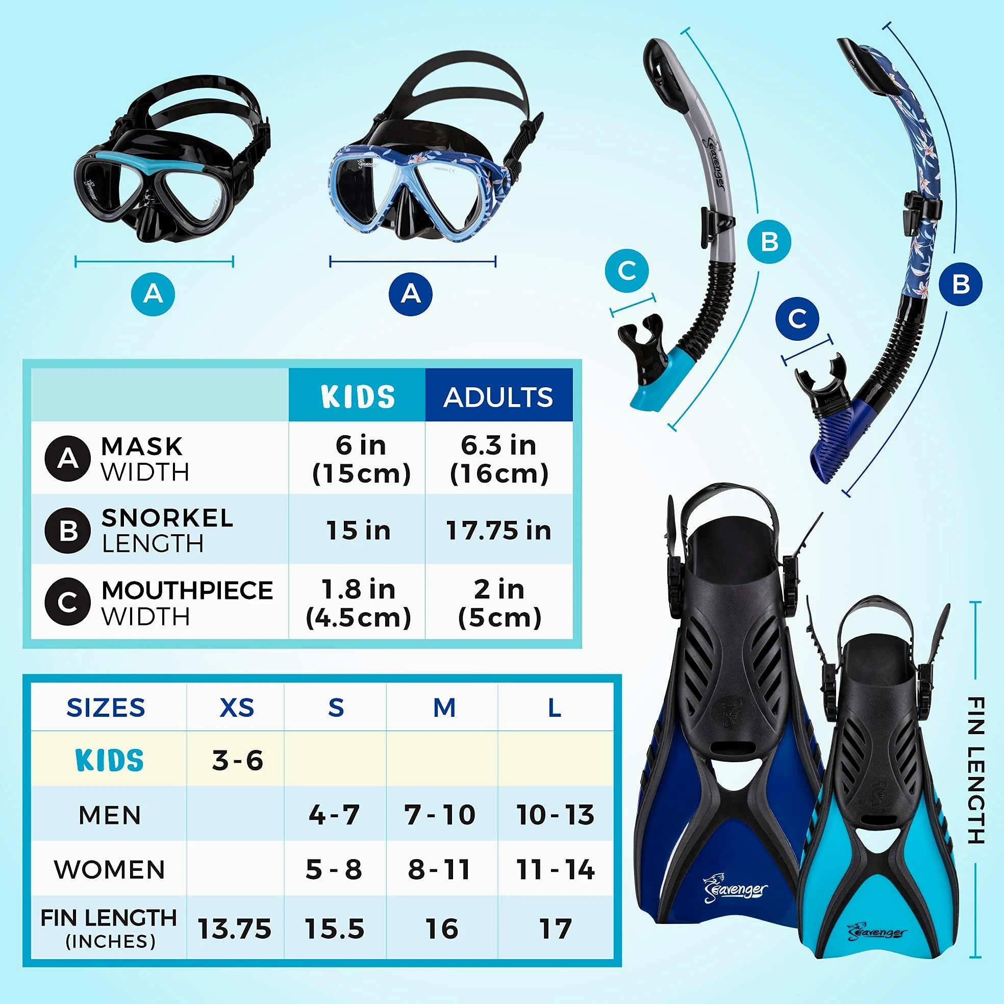 Seavenger Hanalei - Juego de snorkel (4 piezas, diseño de flores oscuras, grande)