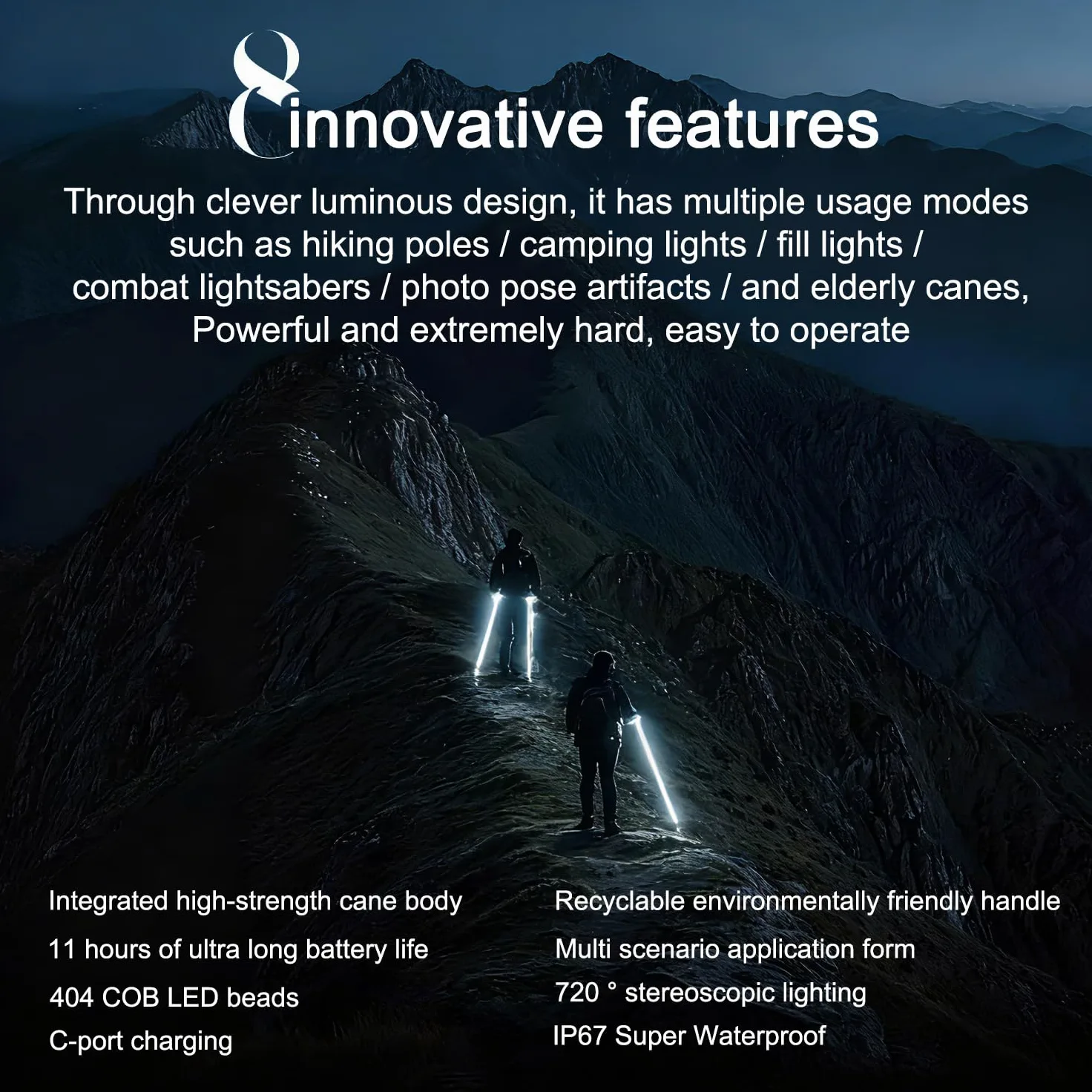 Bastón de senderismo luminoso LED Glow 2026 | Bastón de senderismo iluminado 8H, agarre antideslizante, supervivencia táctica para camping, mochileros, montañismo
