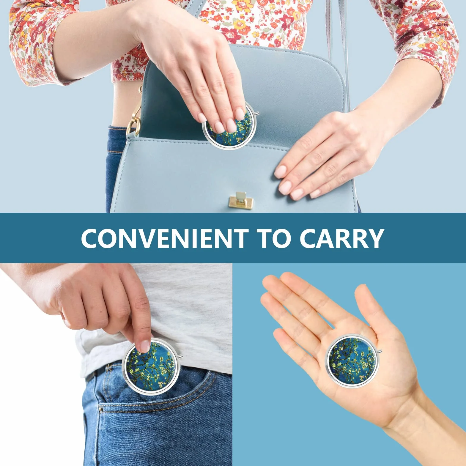 Pastillero metálico decorativo de 3 compartimentos portátil para bolsillo o bolso organizador de vitaminas