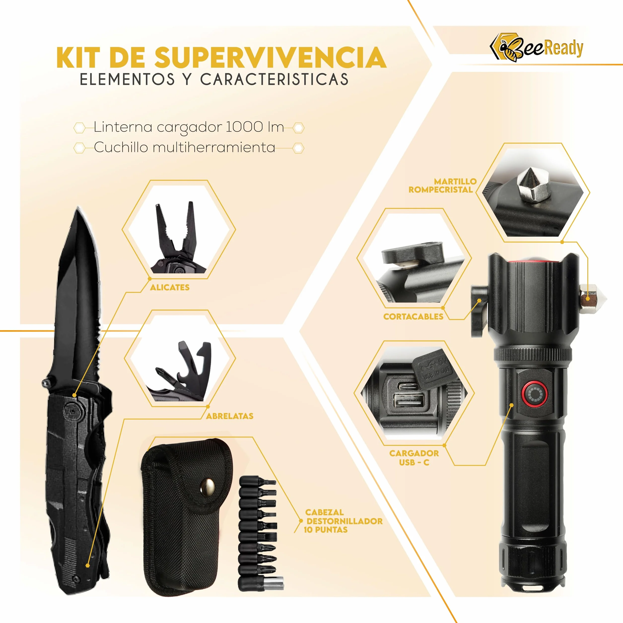 Kit Supervivencia Emergencia Completo – Mochila militar 45L, Linterna LED táctica, Botiquín de primeros auxilios, Cuchillo multiherramienta, Manta térmica– 25 piezas, 3 colores (Marrón)