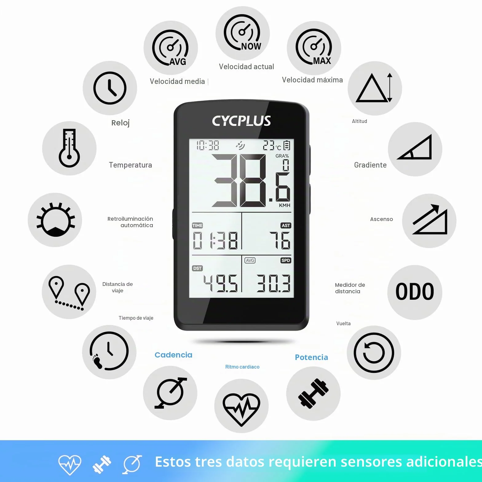 CYCPLUS GPS Ordenador para bicicleta ANT+ Bluetooth 5.0 pantalla LCD 2.8 pulgadas cuentakilómetros 100 horas batería retroiluminación