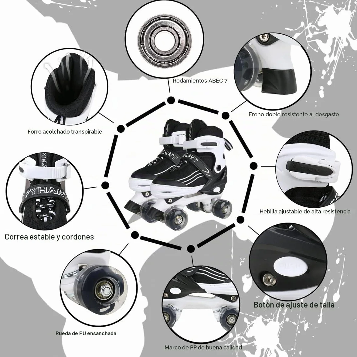 Patines Quad Ajustables 4 Tamaños Ruedas Luminosas Blanco Negro para Niñas Niños Principiantes