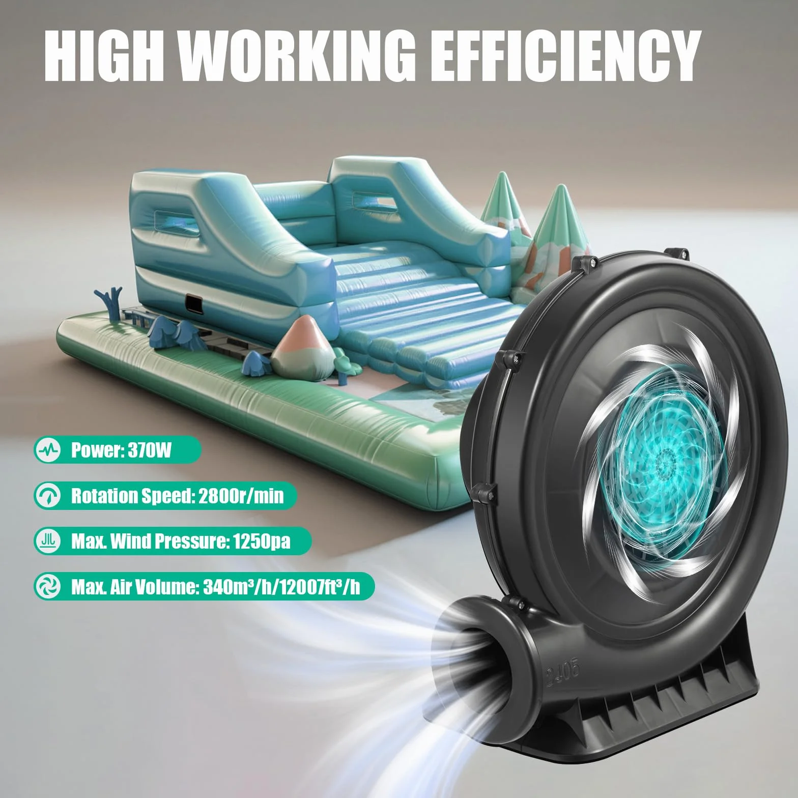 Soplador de alta presión 370 W, castillo hinchable, bajo ruido, ventilador permanente para juguetes inflables, máquina de viento, soplador de aire, bomba de aire