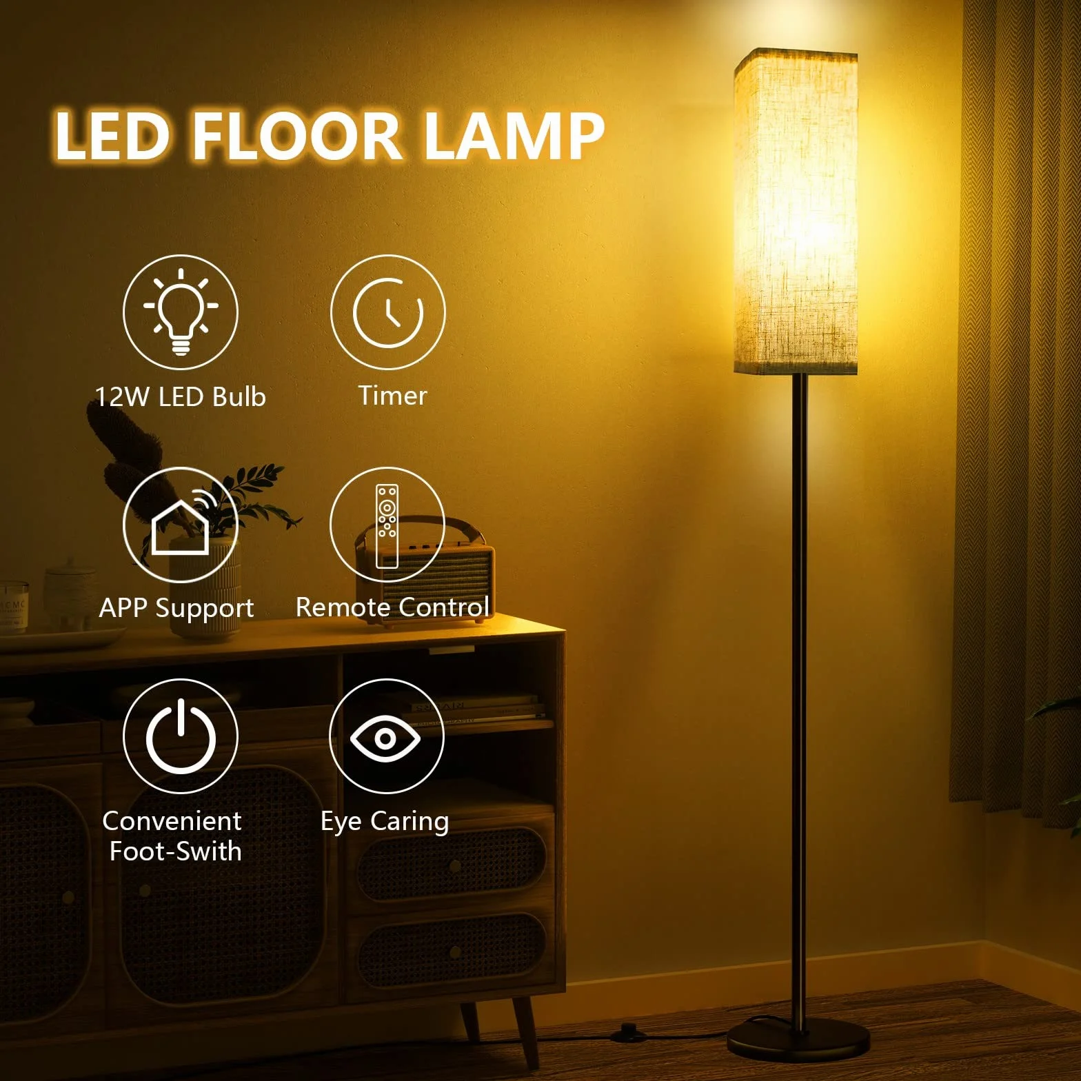 Lámpara de Pie Moderna con Mando a Distancia, 2700K-6500K, Pantalla de Lino, Luz Nocturna
