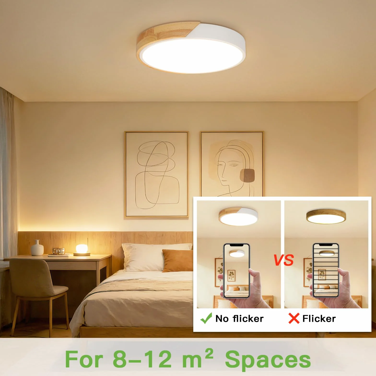 Kimjo Lámpara LED Techo Redonda 24W φ30cm 3000K 2400LM Plafón Madera Blanco
