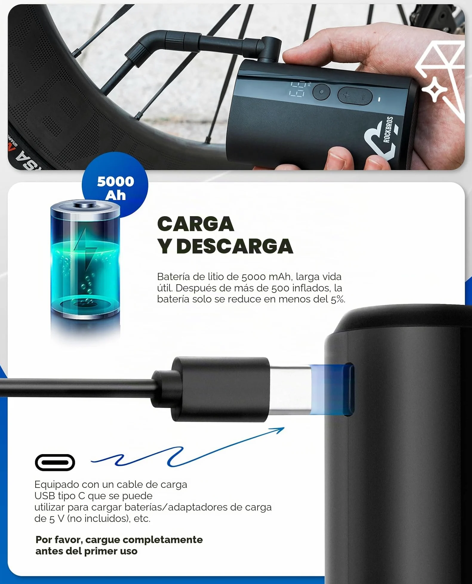 ROCKBROS Mini Bomba Eléctrica 150PSI Bomba de Aire Portátil con Pantalla 5000 mAh Inflador de Neumático Válvula Presta y Schrader para Bicicleta Pelotas