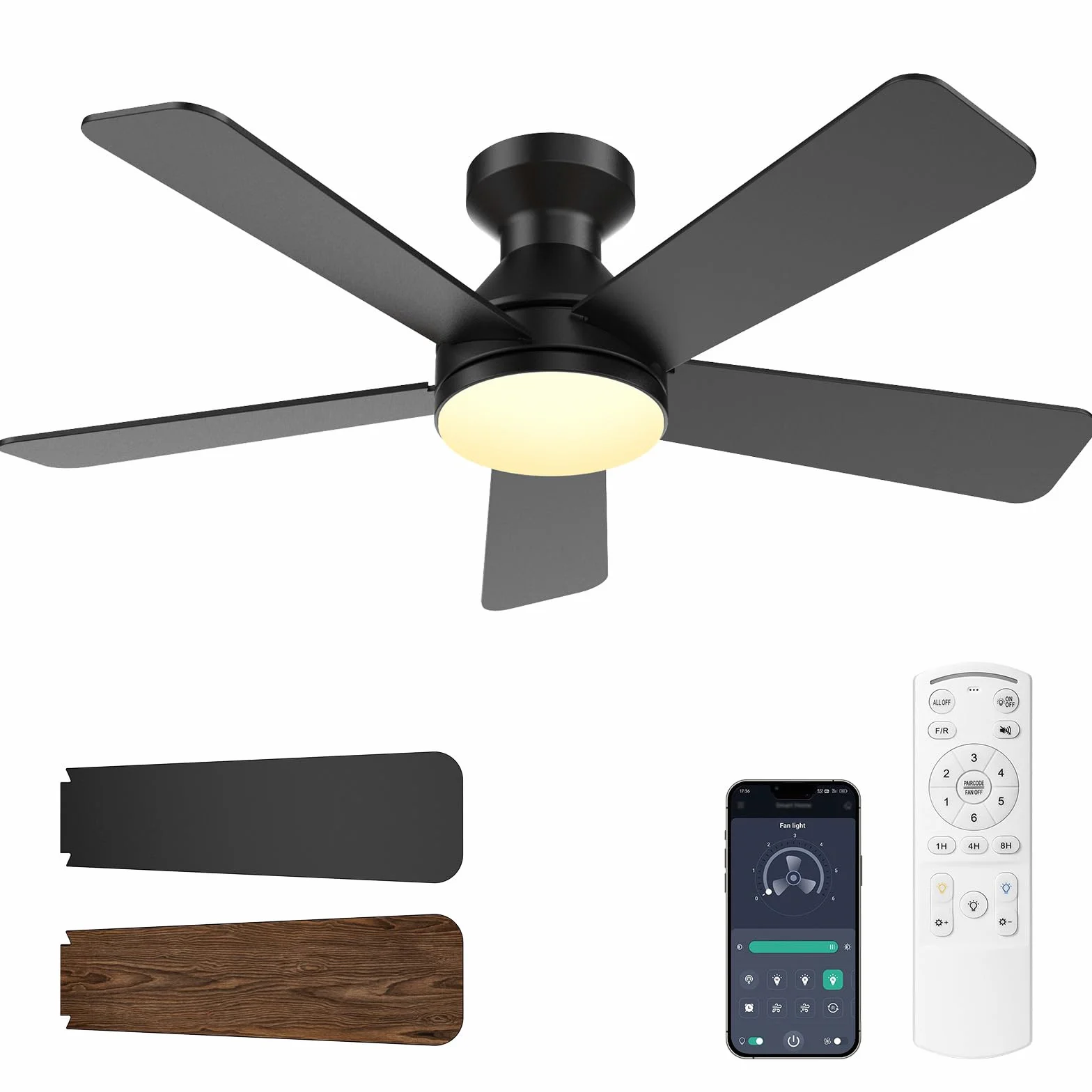 Ventilador de Techo con Luz LED 36W Regulable, 132cm, Motor DC Silencioso, 6 Velocidades, Reversible, con Mando y App
