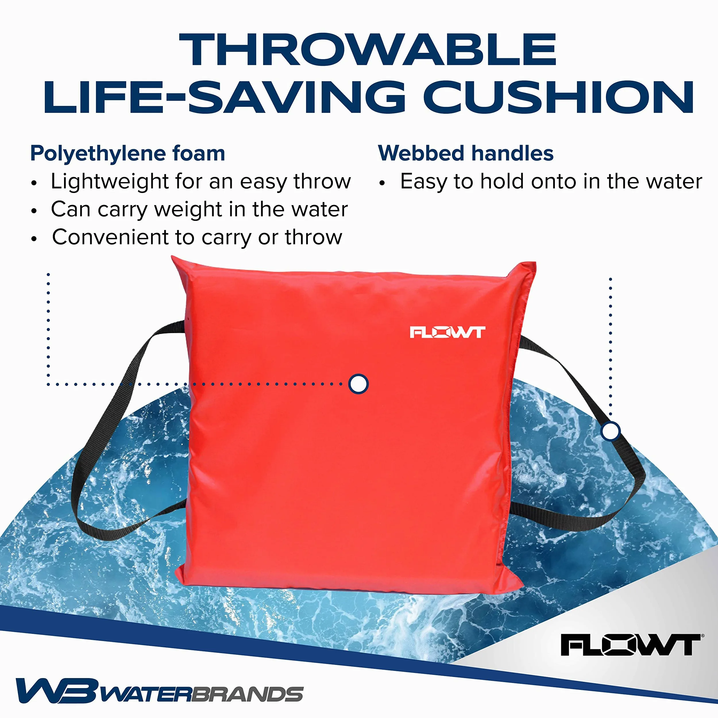 Flowt 40102 - Cojín de espuma de flotación lanzable tipo IV aprobado por la USCG | Cojín para bote | Dispositivo de seguridad para cojín de bote lanzable | 16 x 15 x 2.5 pulgadas (rojo)