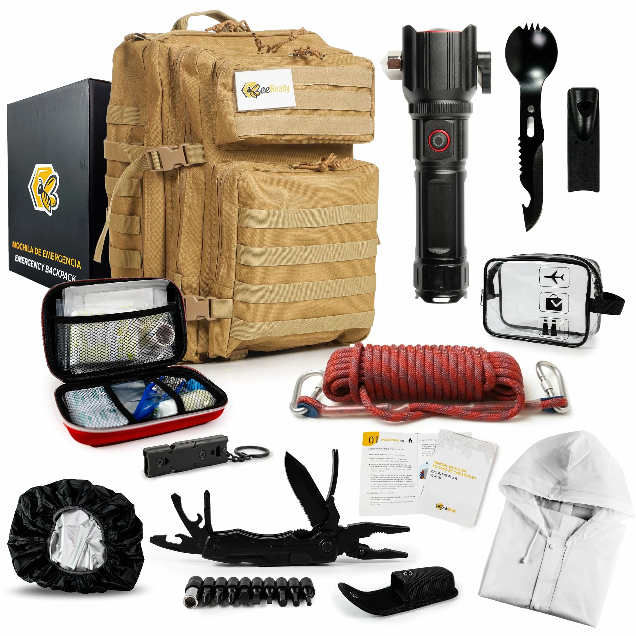 Kit Supervivencia Emergencia Completo – Mochila militar 45L, Linterna LED táctica, Botiquín de primeros auxilios, Cuchillo multiherramienta, Manta térmica– 25 piezas, 3 colores (Marrón)