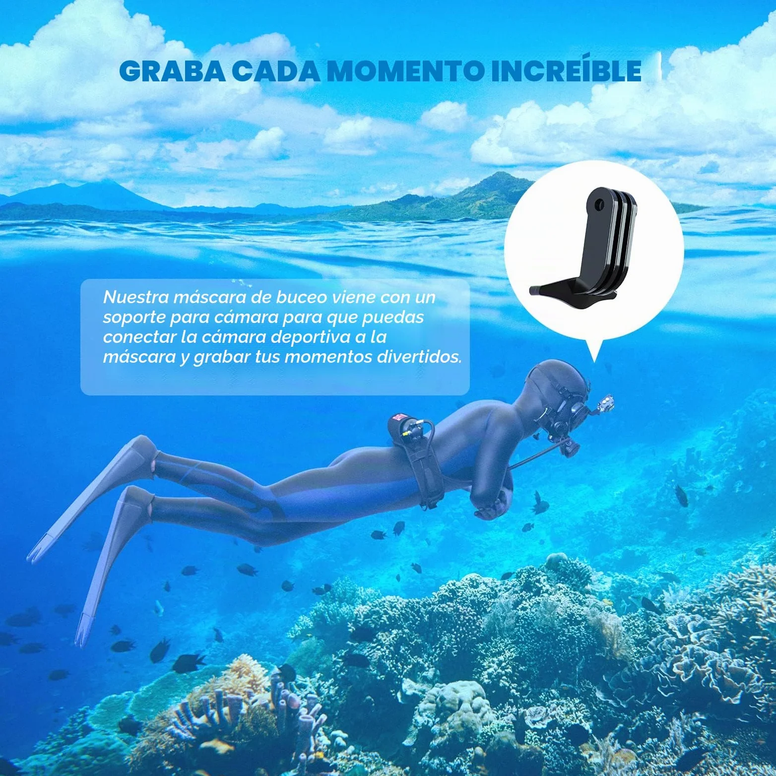 SMACO Máscara de buceo de cara completa con soporte para cámara, máscara de esnórquel de cara completa para adultos compatible con S400/S400 Plus/S400 Pro/S700 Tanque de buceo, kit de máscara de buceo