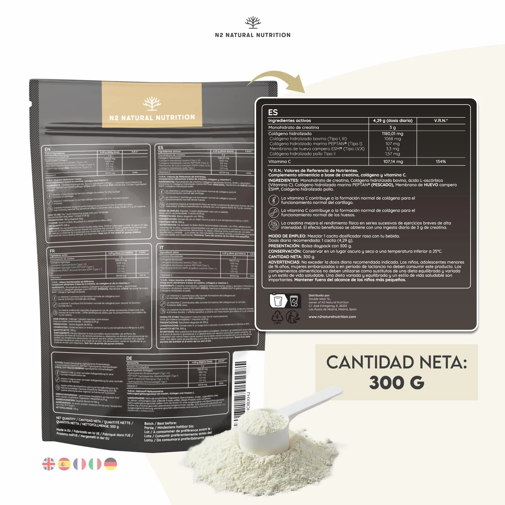 N2 Natural Nutrition Creatina Monohidratada + Multi Colágeno Hidrolizado con Vitamina C en polvo 3000mg 70 Dosis