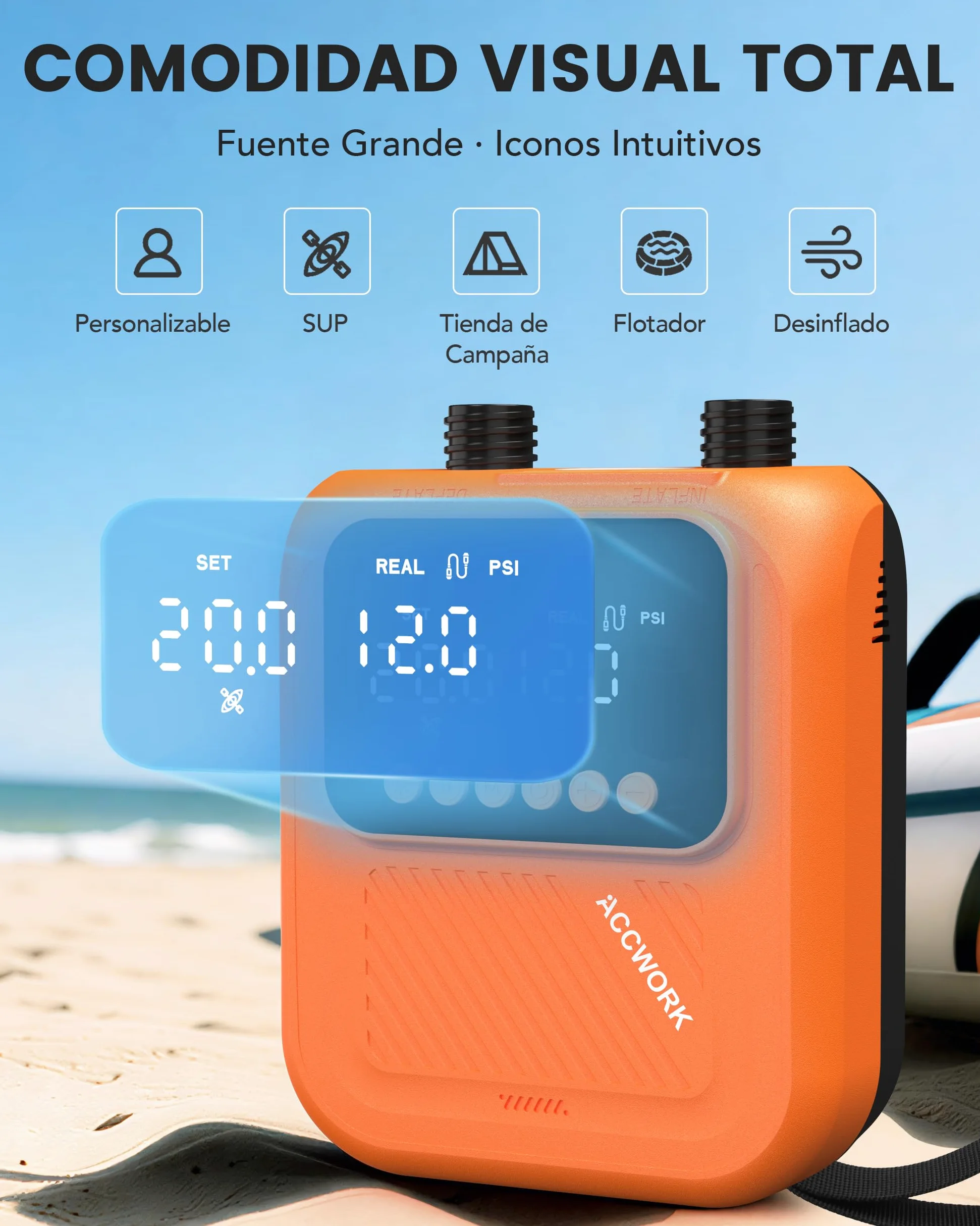 Bomba Eléctrica Sup 20 PSI, Inflador Paddle Surf Electrico | Parada Automática, Doble Pantalla Digital, Inflado/Desinflado, 7 Boquillas para Tablas de Sup Kayak Colchón Tienda Inflable