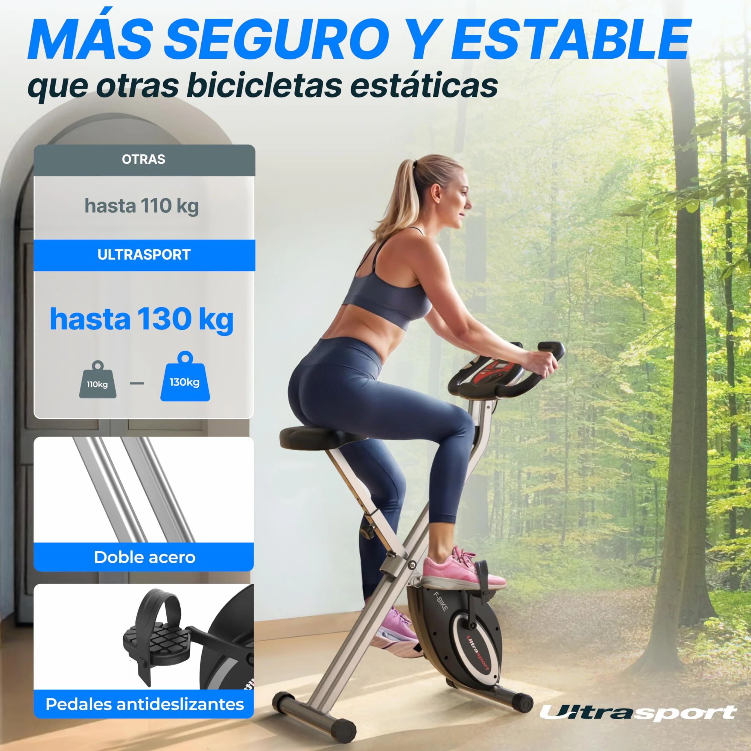 Ultrasport F-Bike, Entrenador Bicicleta, entrena casa, bicicleta aptitud plegable, computadora entrenamie integrada, sensores pulso mano, plegable, 8 niveles resistencia, ideal para mayores y jóvenes