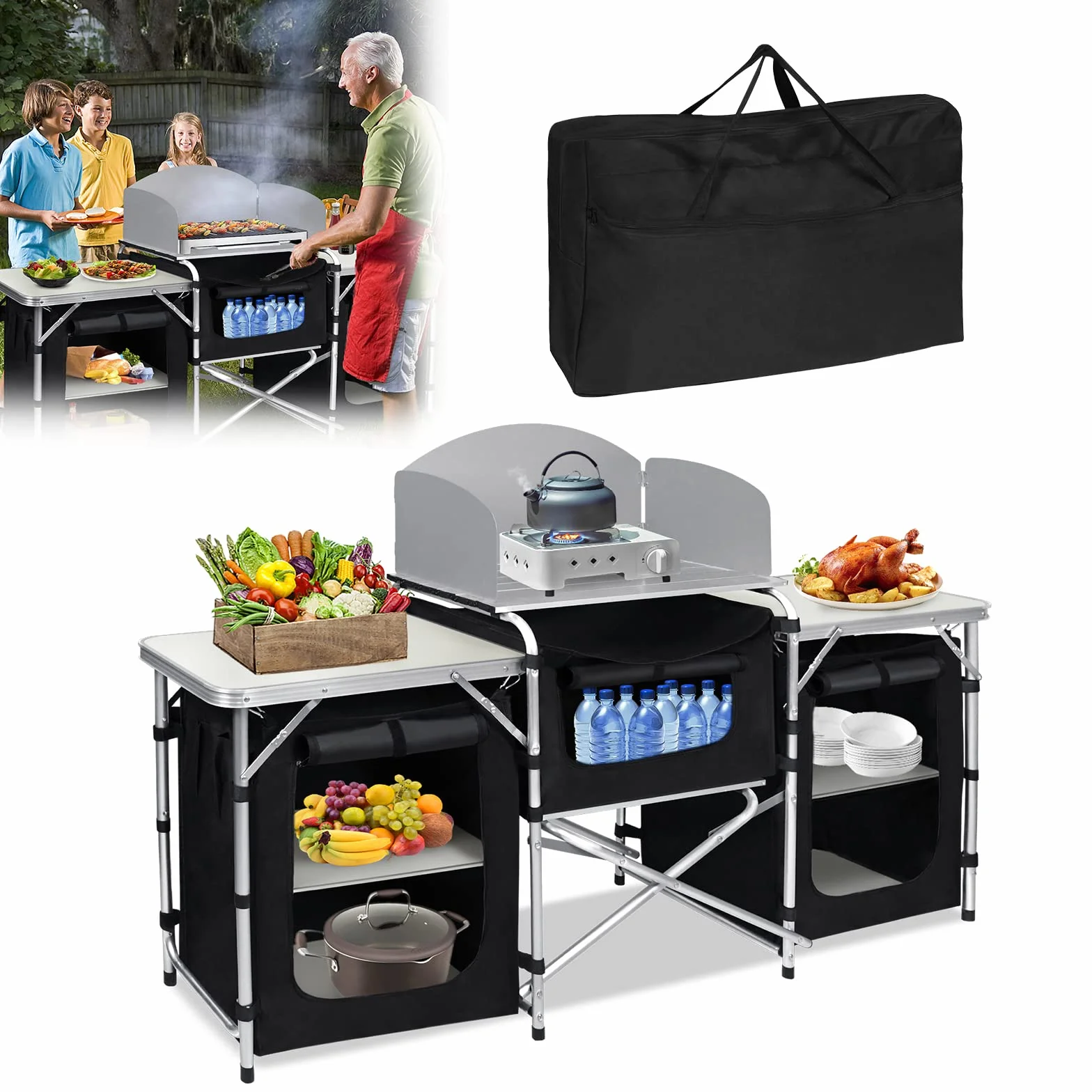 Mesa de camping plegable con estructura de aluminio, armario de camping para exteriores, incluye bolsa de transporte para senderismo, picnic, 174 x 52 x 110 cm