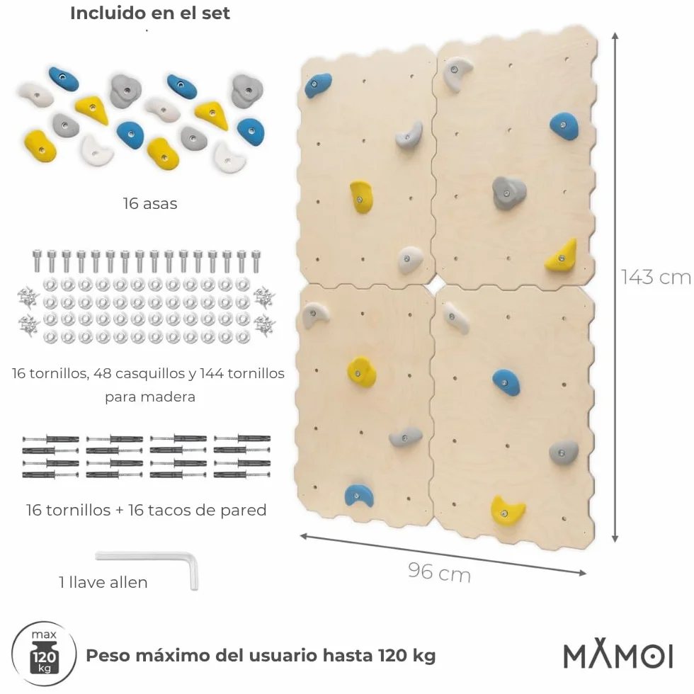 MAMOI® Muro de Escalada Infantil, Estructura Interior con 16 Presas, Kit de Montaje