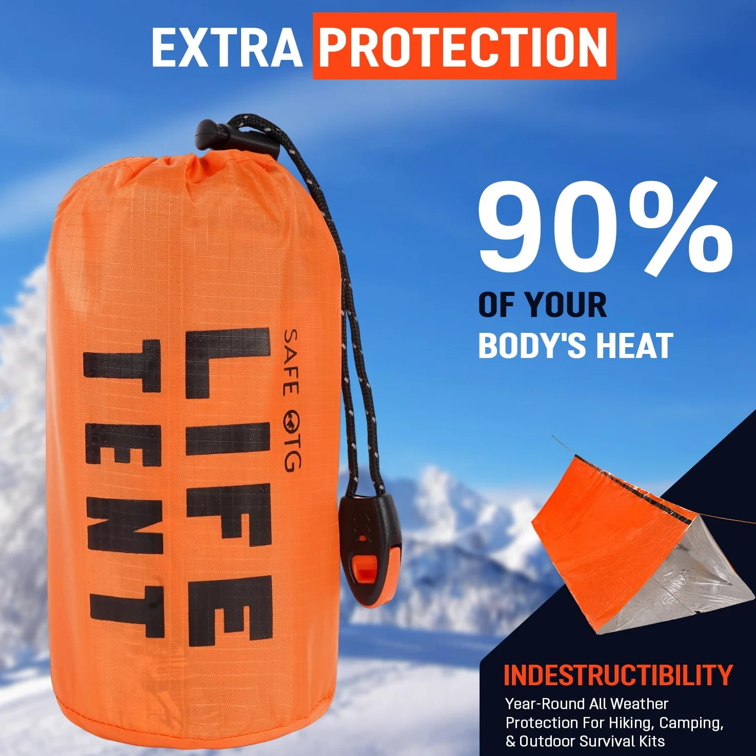 4 Life - Kit de supervivencia para tienda de campaña de emergencia para 2 personas, color naranja, impermeable, tubo térmico, lona con silbato y cuerda de paracaídas para coche, actividades al aire