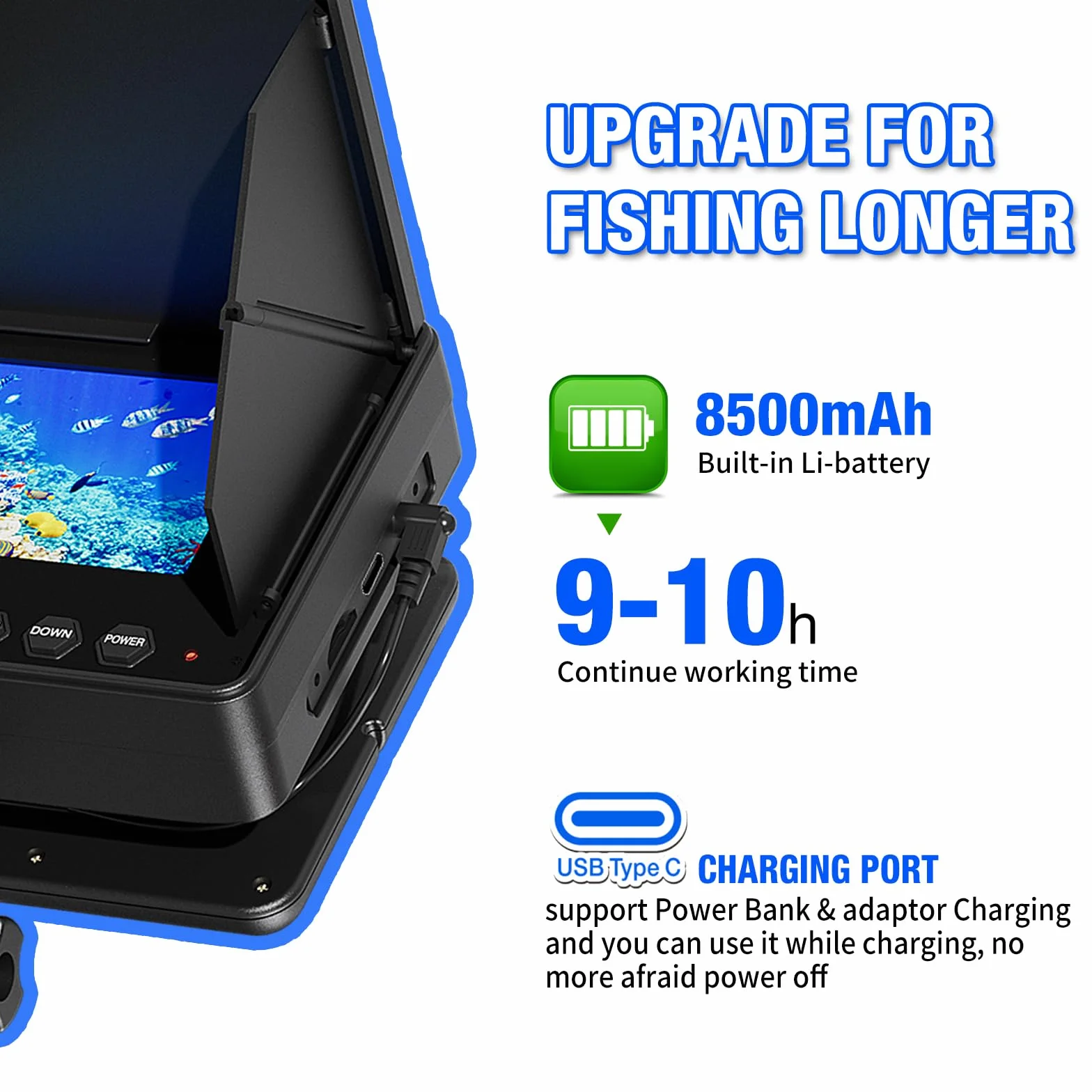 Fishfinder con Pantalla IPS de 4,3” Cámara de Pesca Submarina con Visión Nocturna, Localizador de Peces IP68 Impermeable, Batería 8500mAh, Portátil 1200TVL HD para Pesca en Hielo, Lago y Mar