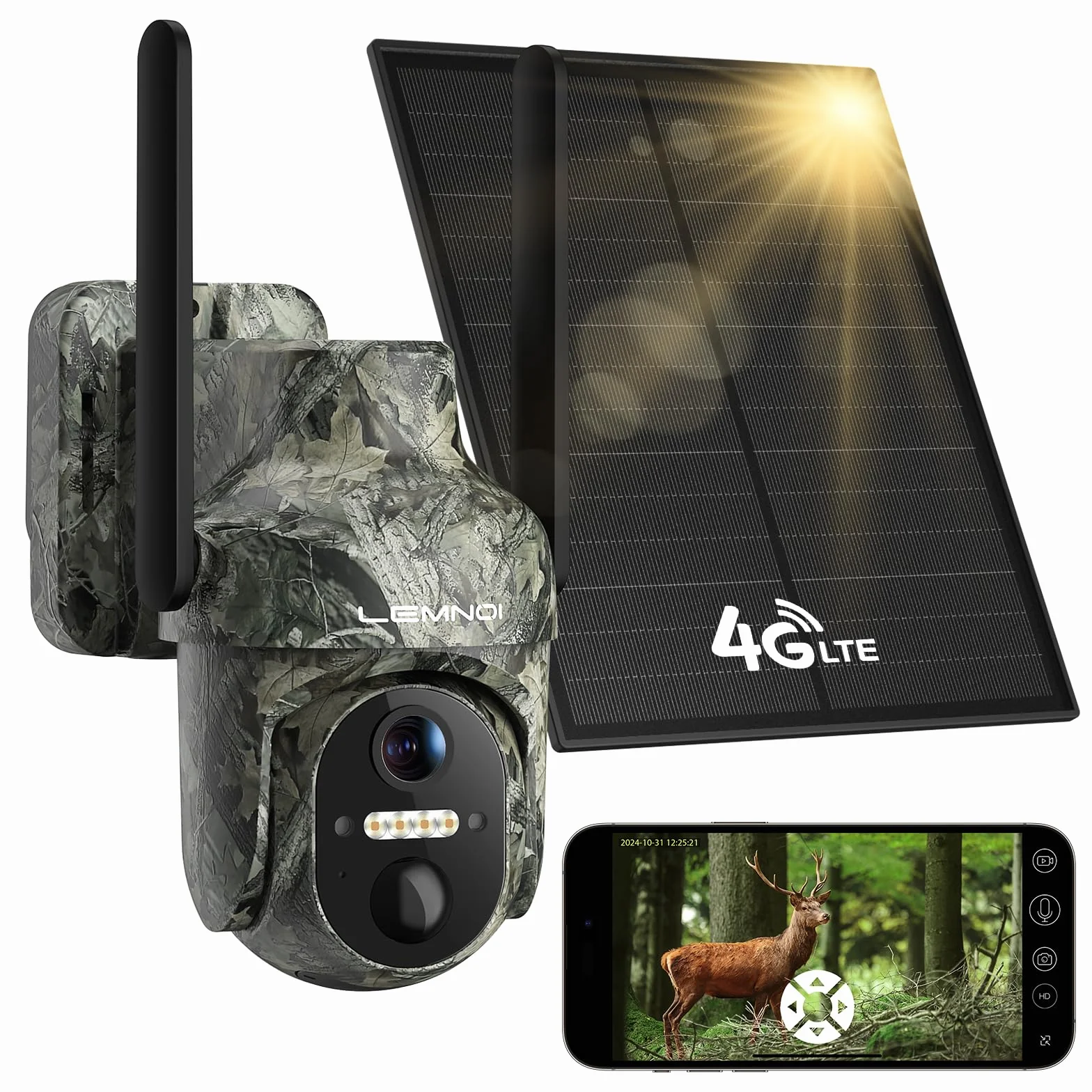 LEMNOI 4G LTE Cámara Caza Solar con Tarjeta SIM, Vigilancia Exterior, Visión Nocturna Color Starlight, PTZ 360°, Audio Bidireccional, IP66