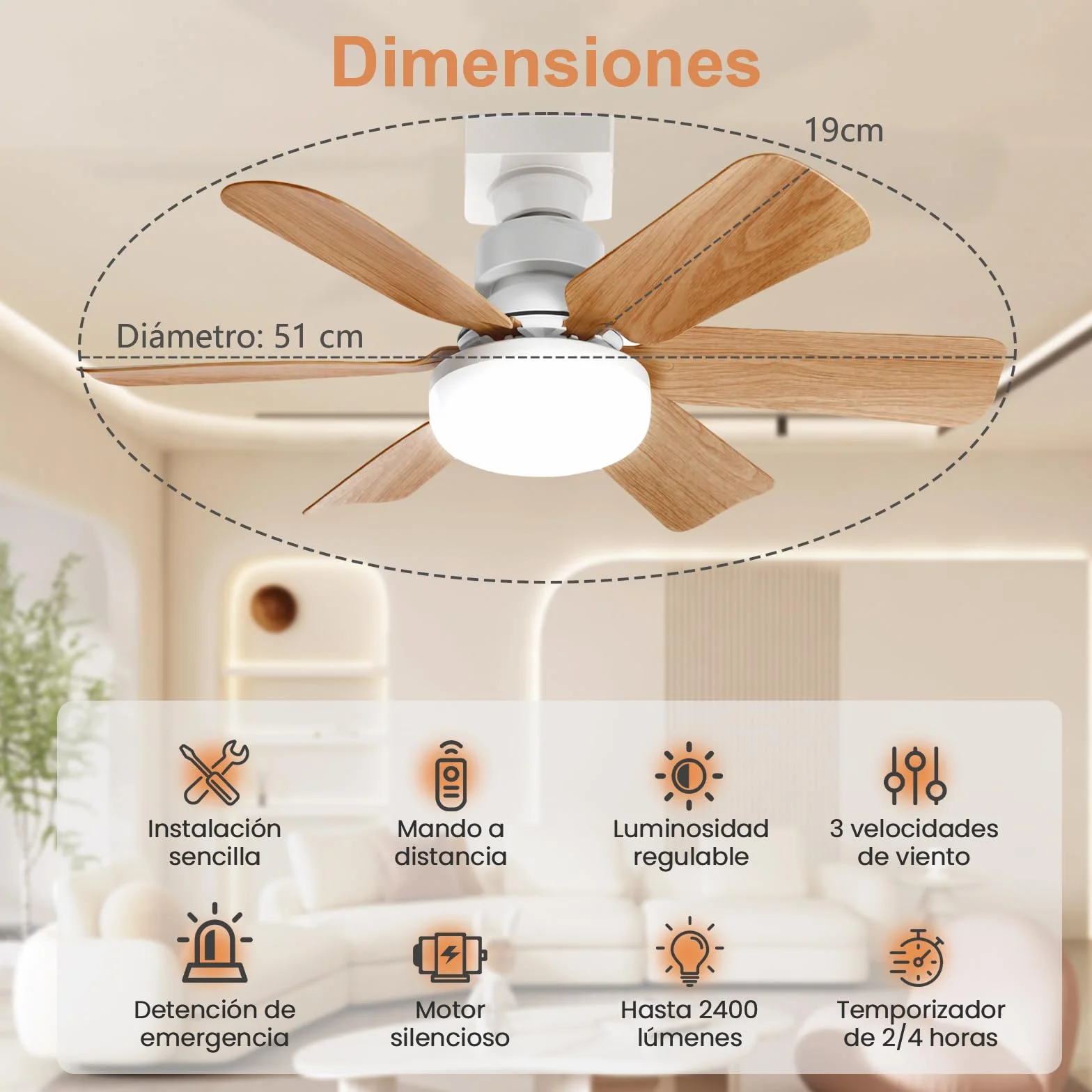 Ventilador de Techo con Luz y Mando a Distancia, 51CM, Regulación Continua de Luz, 3 Velocidades, Temperatura de Color Regulable