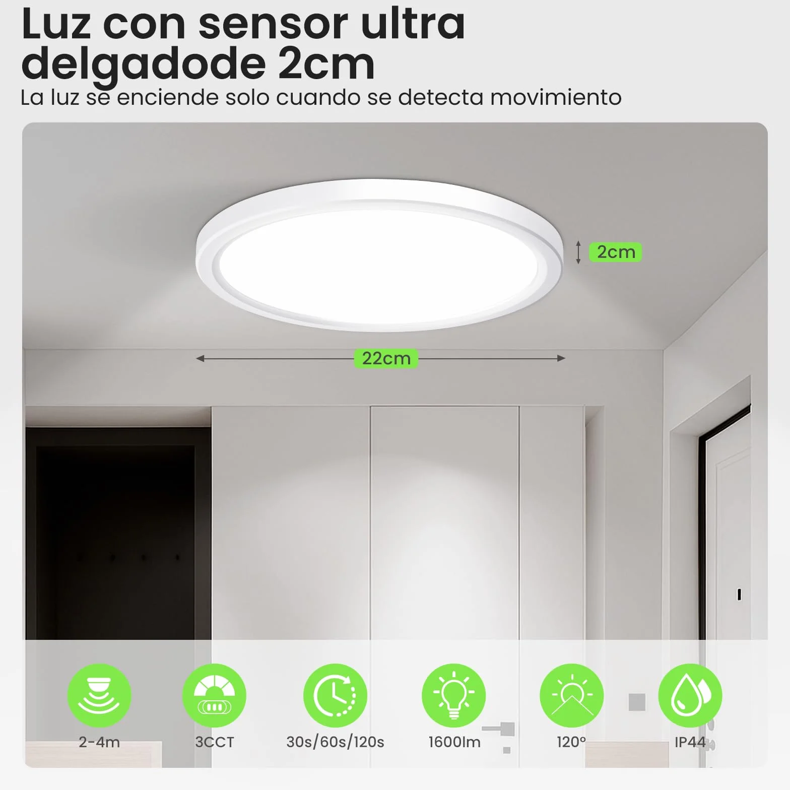 ALUSSO Plafon LED con Sensor de Movimiento Radar 18W 1600LM 3000K/4000K/6500K IP44 22cm