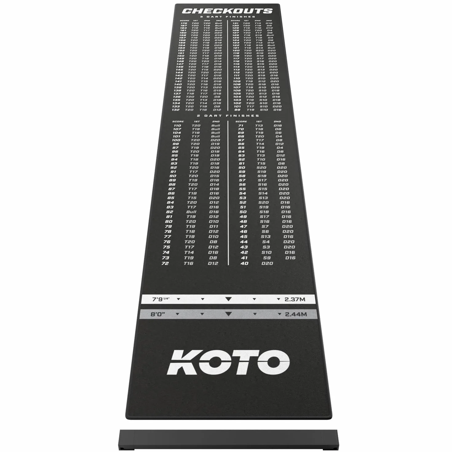KOTO - Alfombra de Dardos Negra Oche Checkout 285 x 60 cm, Alfombra Antideslizante, Líneas de Lanzamiento y Oche Ajustable