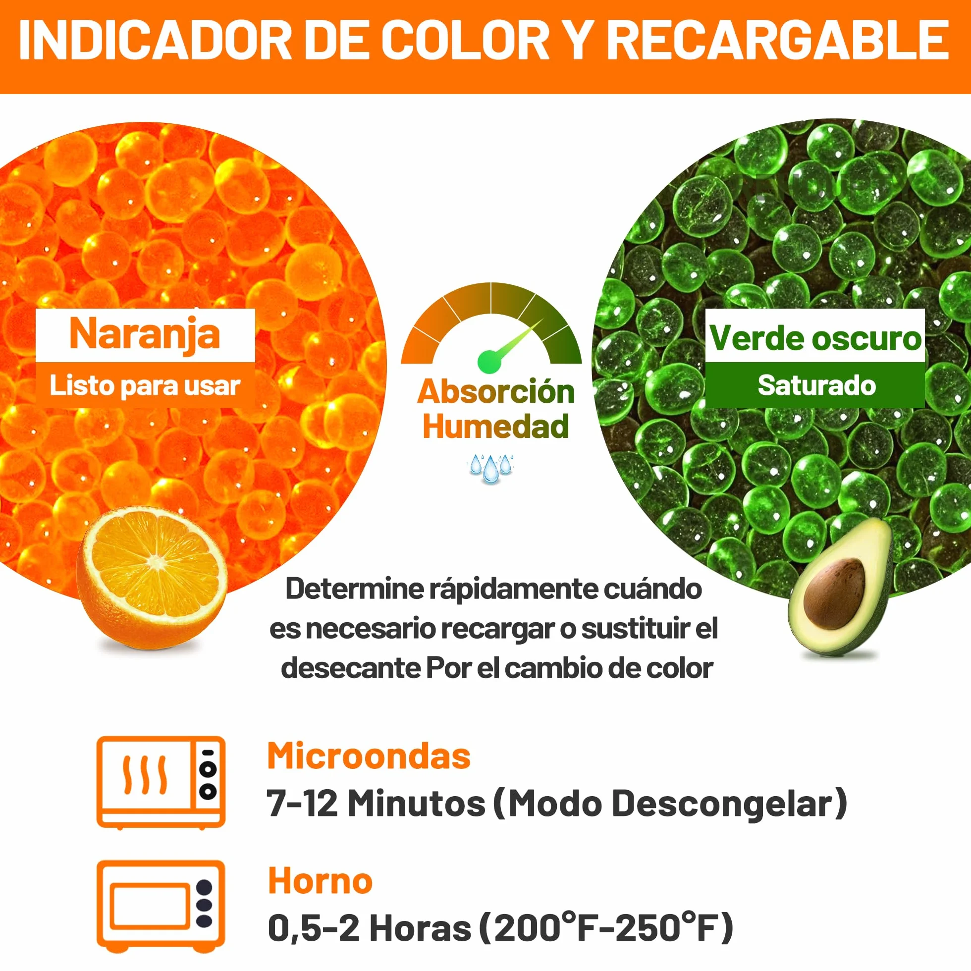 Naranja Gel de Sílice 907g, Perlas Desecantes 3-5mm Reutilizables para Filamento 3D