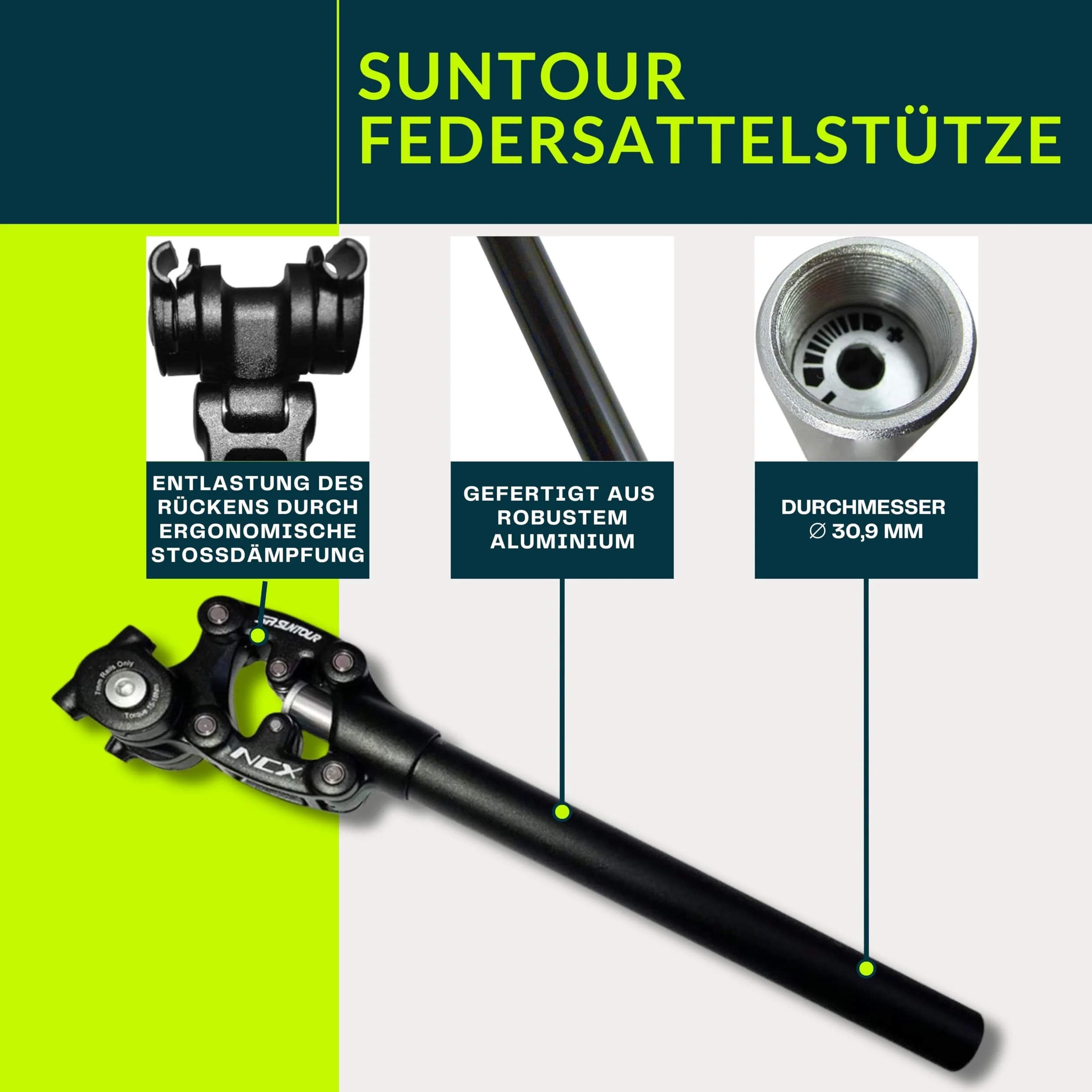 Suntour SP26-NVX - Tija de sillín de suspensión de aluminio con suspensión para sillín de bicicleta, color negro