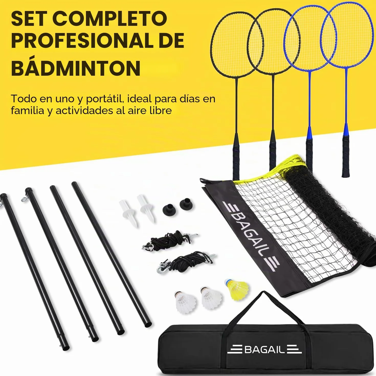 BAGAIL Juego de Bádminton Exterior 20 pies x 5 pies Oficial 4 Raquetas 3 Pelotas Red PE Duradera Bolsa Transporte